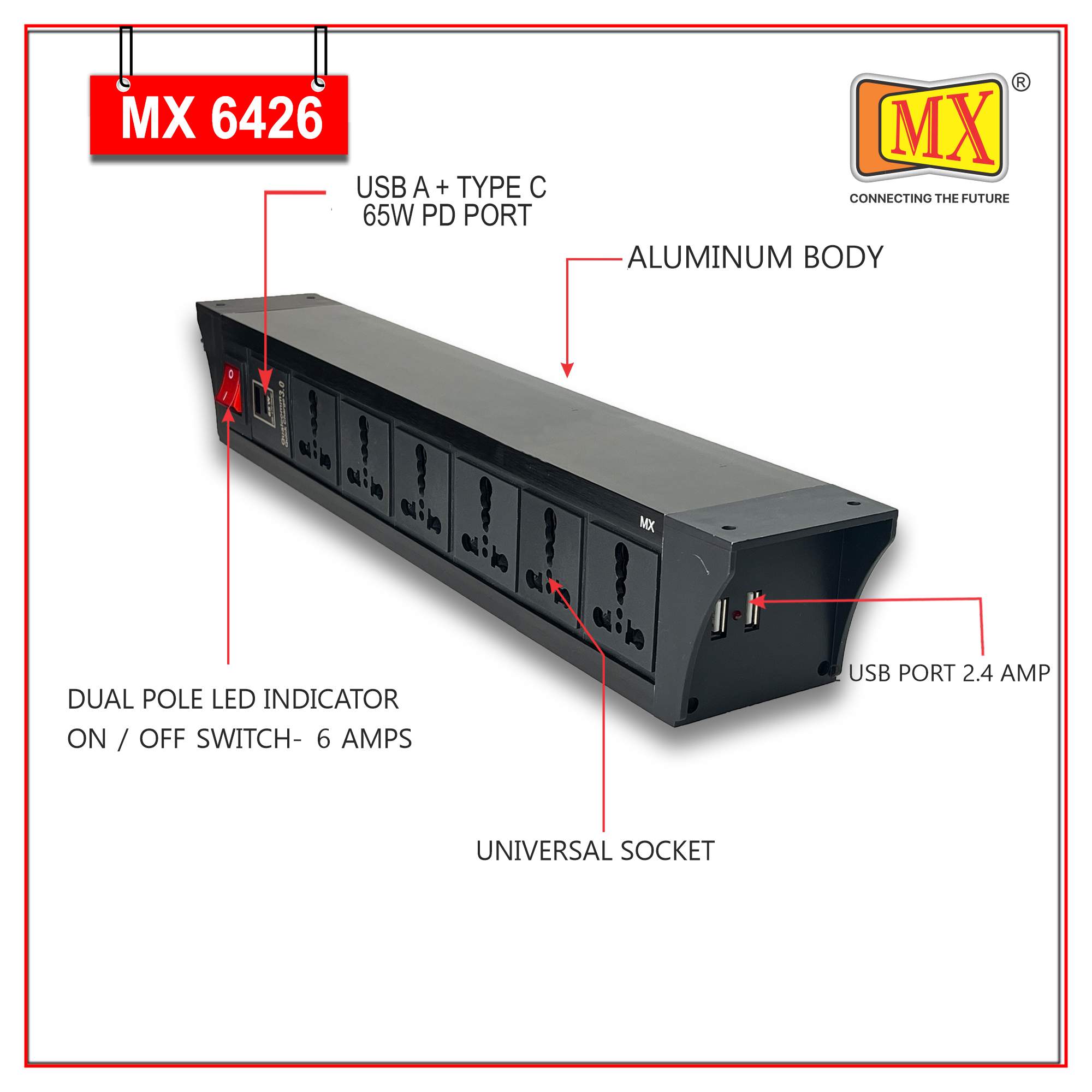 MX PDU Under table 6/16 Amps 6 Universal Socket | 2 USB (2.4 Amp) with 65W PD Charger | Dual Pole LED Indicator Switch | 16 Amps Heavy Duty Cord 10 Meter with ISI Marked, Aluminium Body Material(MX 6426-10M Black)