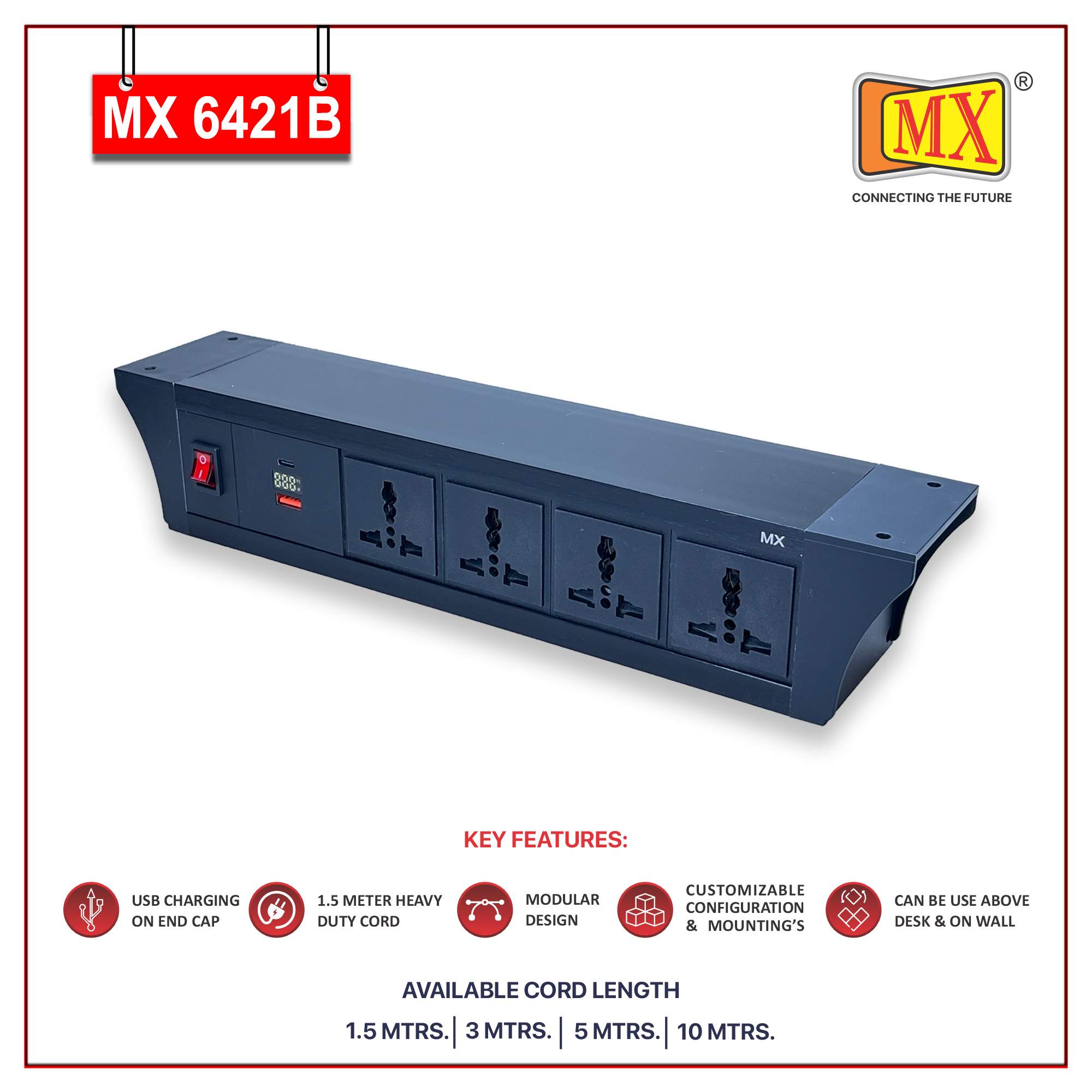 MX PDU Under table 6/13 Amps 4 Universal Socket | 2 USB (2.4 Amp) with 30W PD Charger With Display | Dual Pole LED Indicator Switch | 6 Amps Heavy Duty Cord 5 Meter with ISI Marked, Aluminium Body Material(MX 6421B-5M Black)