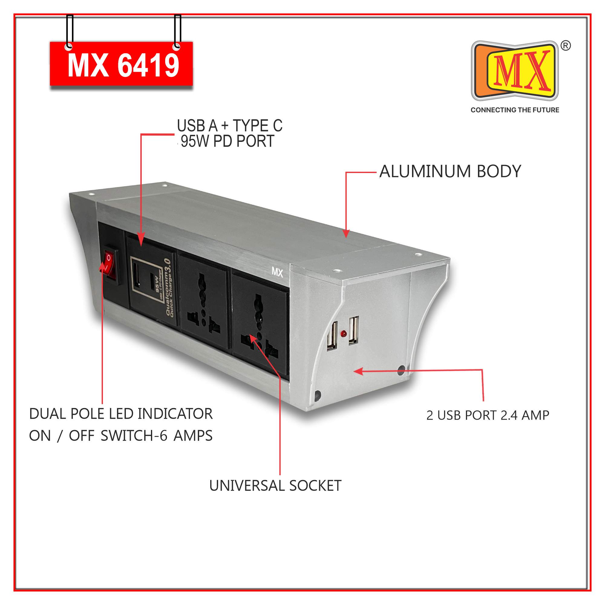 MX PDU Under table 6/13 Amps 2 Universal Socket | 2 USB (2.4 Amp) with 95W PD Charger | Dual Pole LED Indicator Switch | 6 Amps Heavy Duty Cord 5 Meter with ISI Marked, Aluminium Body Material(MX 6419-5M Silver)