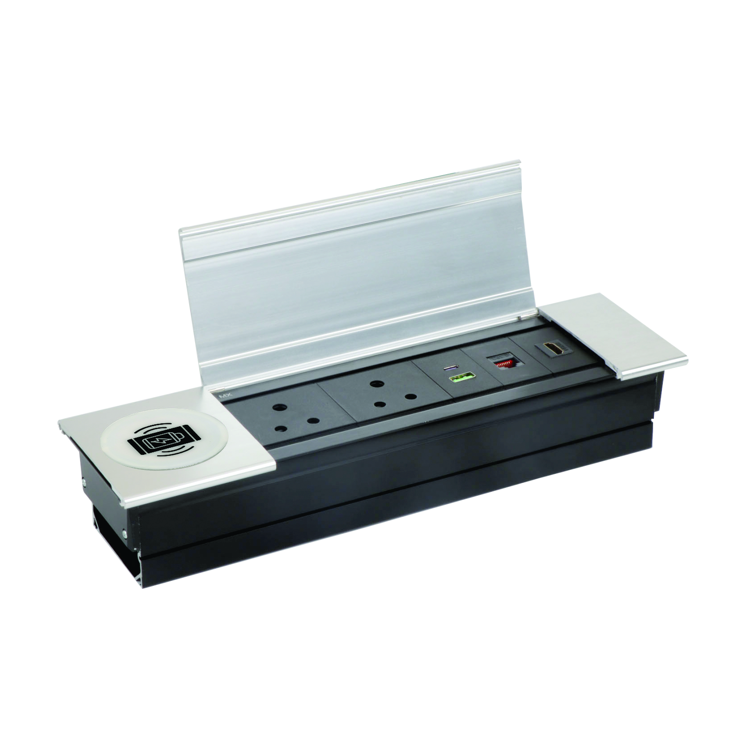 MX Flip Type cable cubby pop up box with 2 Universal Power Sockets, 2 USB (Type A + Type C) 18W PD Charging Port, 1 LAN & 1 4K HDMI Port  for Conference Table, hotel rooms, office meeting table,  etc. for media streaming. ( MX 7008 Sliver)