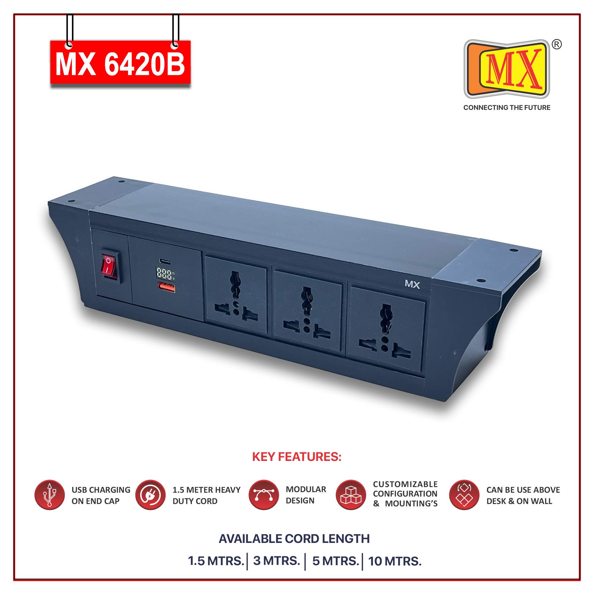 MX PDU Under table 6/13 Amps 3 Universal Socket | 2 USB (2.4 Amp) with 30W PD Charger With Display | Dual Pole LED Indicator Switch | 6 Amps Heavy Duty Cord 3 Meter with ISI Marked, Aluminium Body Material(MX 6420B-3M Black)