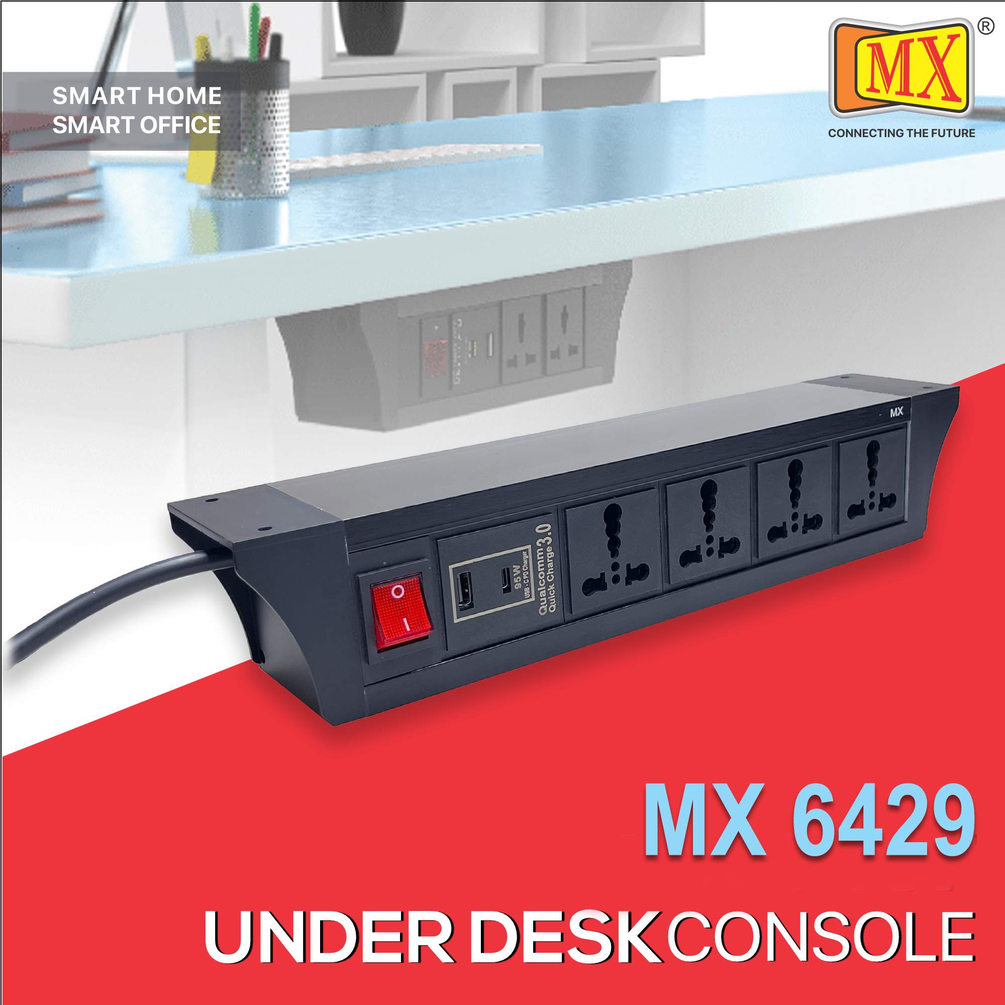MX PDU Under table 6/16 Amps 4 Universal Socket | 2 USB (2.4 Amp) with 95W PD Charger | Dual Pole LED Indicator Switch | 16 Amps Heavy Duty Cord 5 Meter with ISI Marked, Aluminium Body Material(MX 6429-5M Black)