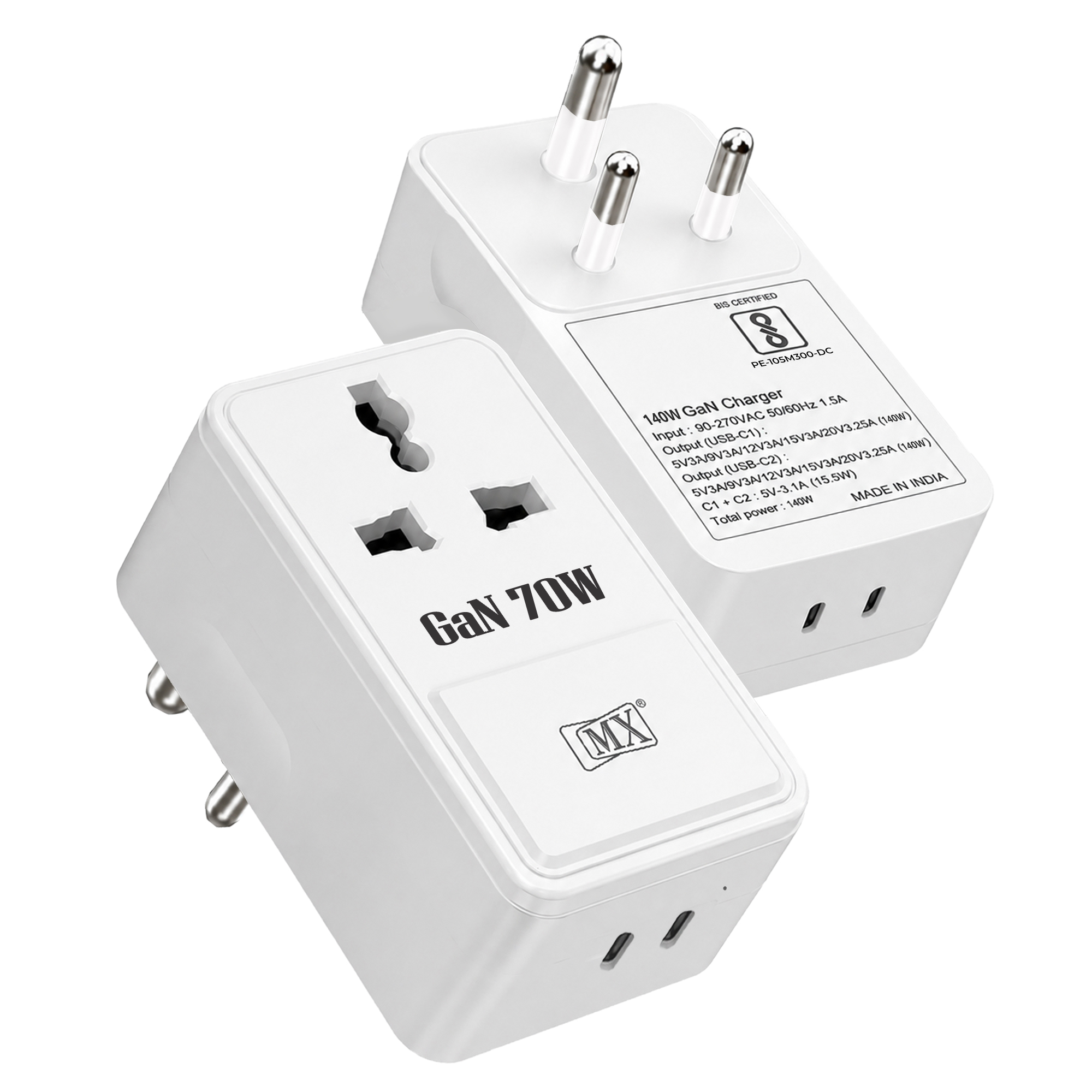 MX 70W GaN Multi Plug Indian Pin Adapter with Universal Socket & Dual USB-C PD Fast Charging - White