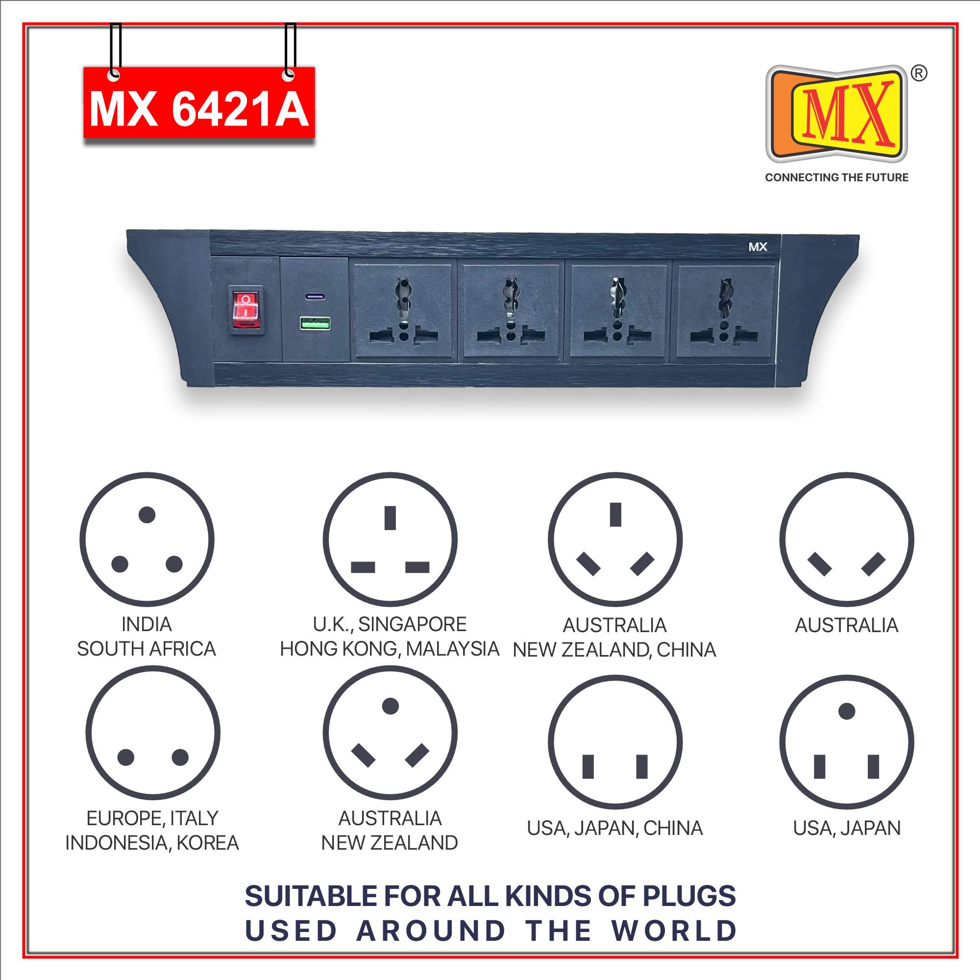 MX PDU Under table 6/13 Amps 4 Universal Socket | 2 USB (2.4 Amp) with 30W PD Charger | Dual Pole LED Indicator Switch | 6 Amps Heavy Duty Cord 3 Meter with ISI Marked, Aluminium Body Material(MX 6421A-3M Black)