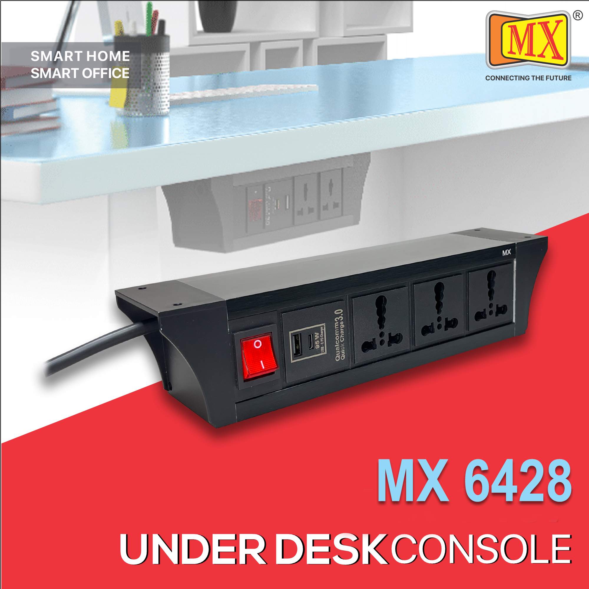 MX PDU Under table 6/16 Amps 3 Universal Socket | 2 USB (2.4 Amp) with 95W PD Charger | Dual Pole LED Indicator Switch | 16 Amps Heavy Duty Cord 10 Meter with ISI Marked, Aluminium Body Material(MX 6428-10M Black)