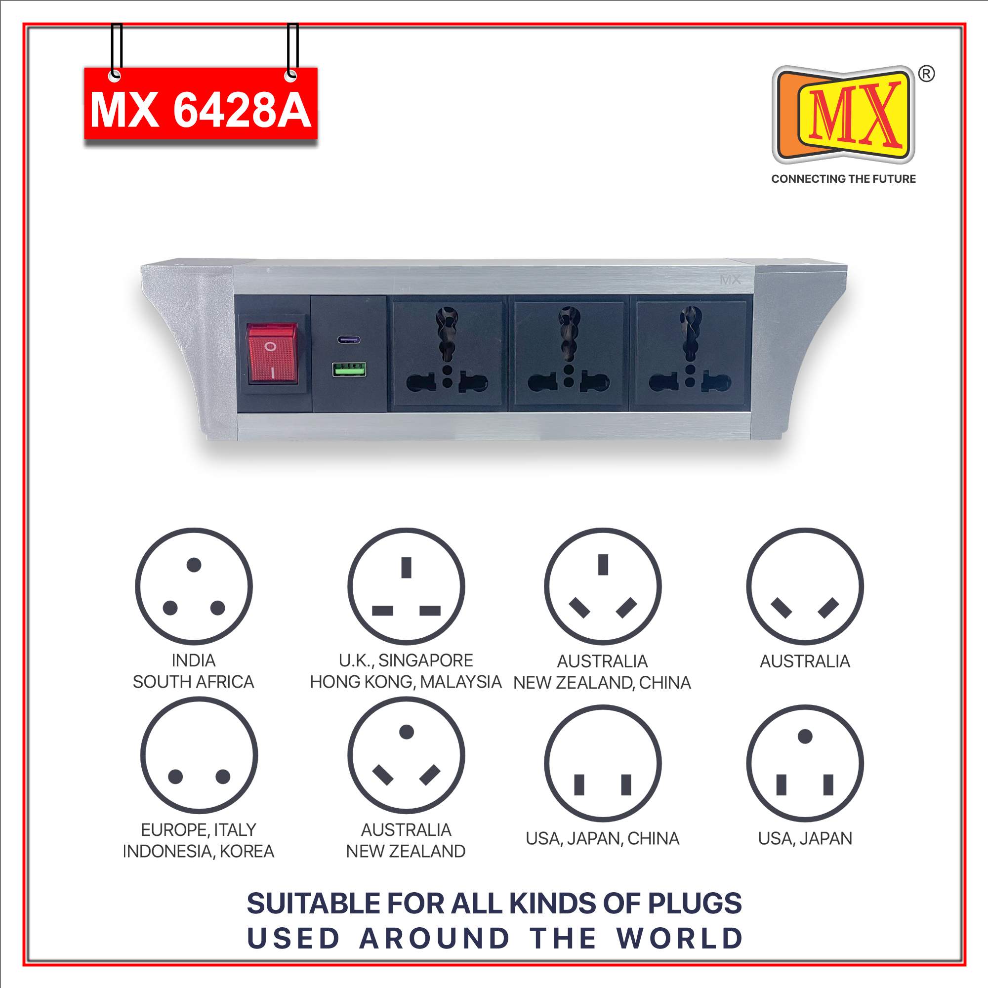 MX PDU Under table 6/16 Amps 3 Universal Socket | 2 USB (2.4 Amp) with 30W PD Charger | Dual Pole LED Indicator Switch | 16 Amps Heavy Duty Cord 10 Meter with ISI Marked, Aluminium Body Material(MX 6428A-10M Silver)