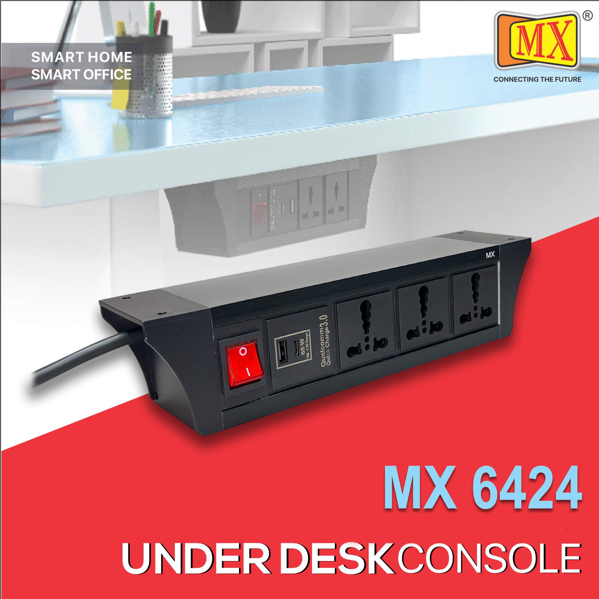 MX PDU Under table 6/16 Amps 3 Universal Socket | 2 USB (2.4 Amp) with 65W PD Charger | Dual Pole LED Indicator Switch | 16 Amps Heavy Duty Cord 10 Meter with ISI Marked, Aluminium Body Material(MX 6424-10M Black)