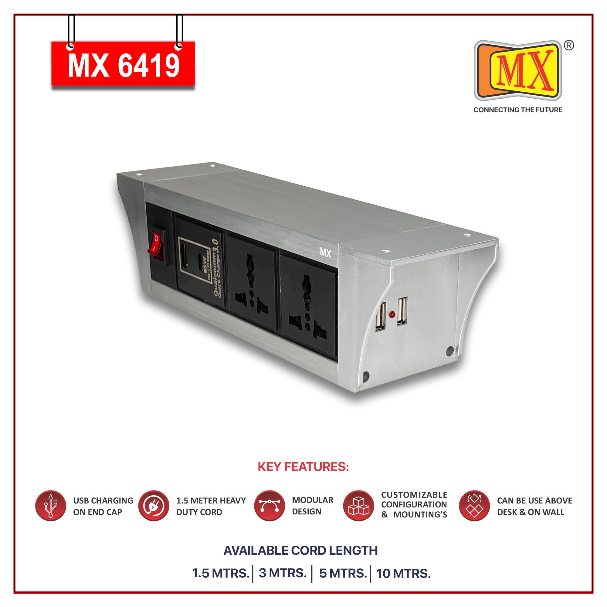 MX PDU Under table 6/13 Amps 2 Universal Socket | 2 USB (2.4 Amp) with 95W PD Charger | Dual Pole LED Indicator Switch | 6 Amps Heavy Duty Cord 1.5 Meter with ISI Marked, Aluminium Body Material(MX 6419-1.5M Silver)