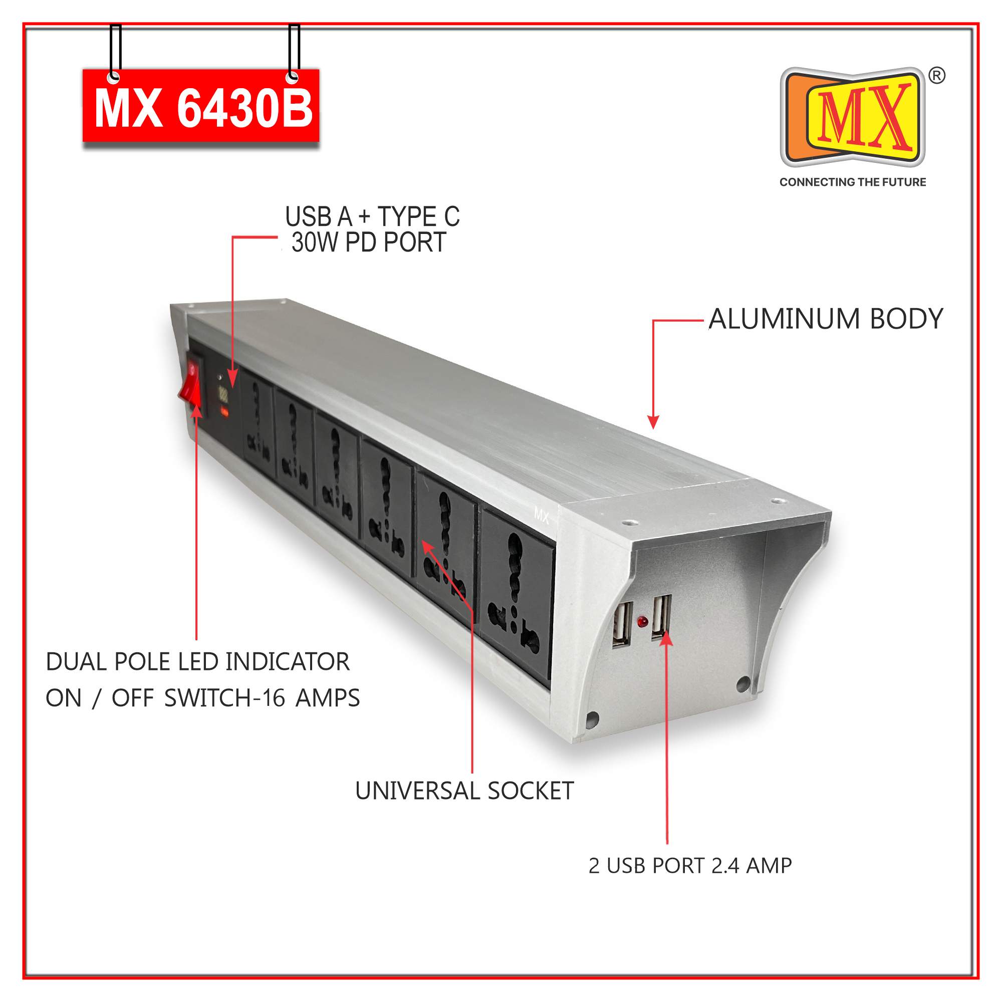 MX PDU Under table 6/16 Amps 6 Universal Socket | 2 USB (2.4 Amp) with 30W PD Charger With Display  | Dual Pole LED Indicator Switch | 16 Amps Heavy Duty Cord 1.5 Meter with ISI Marked, Aluminium Body Material(MX 6430B-1.5M Silver)