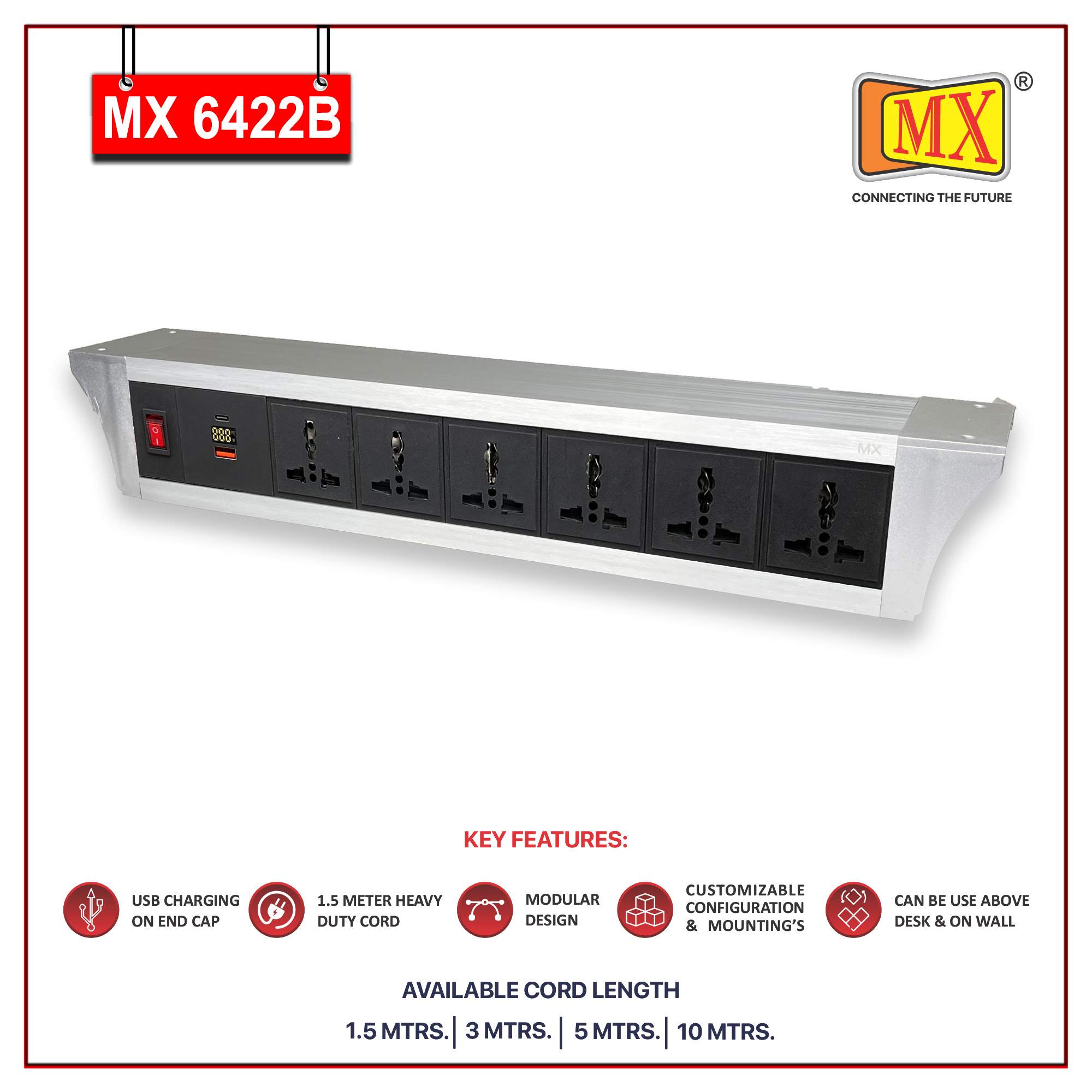 MX PDU Under table 6/13 Amps 6 Universal Socket | 2 USB (2.4 Amp) with 30W PD Charger With Display | Dual Pole LED Indicator Switch | 6 Amps Heavy Duty Cord 10 Meter with ISI Marked, Aluminium Body Material(MX 6422B-10M Silver)