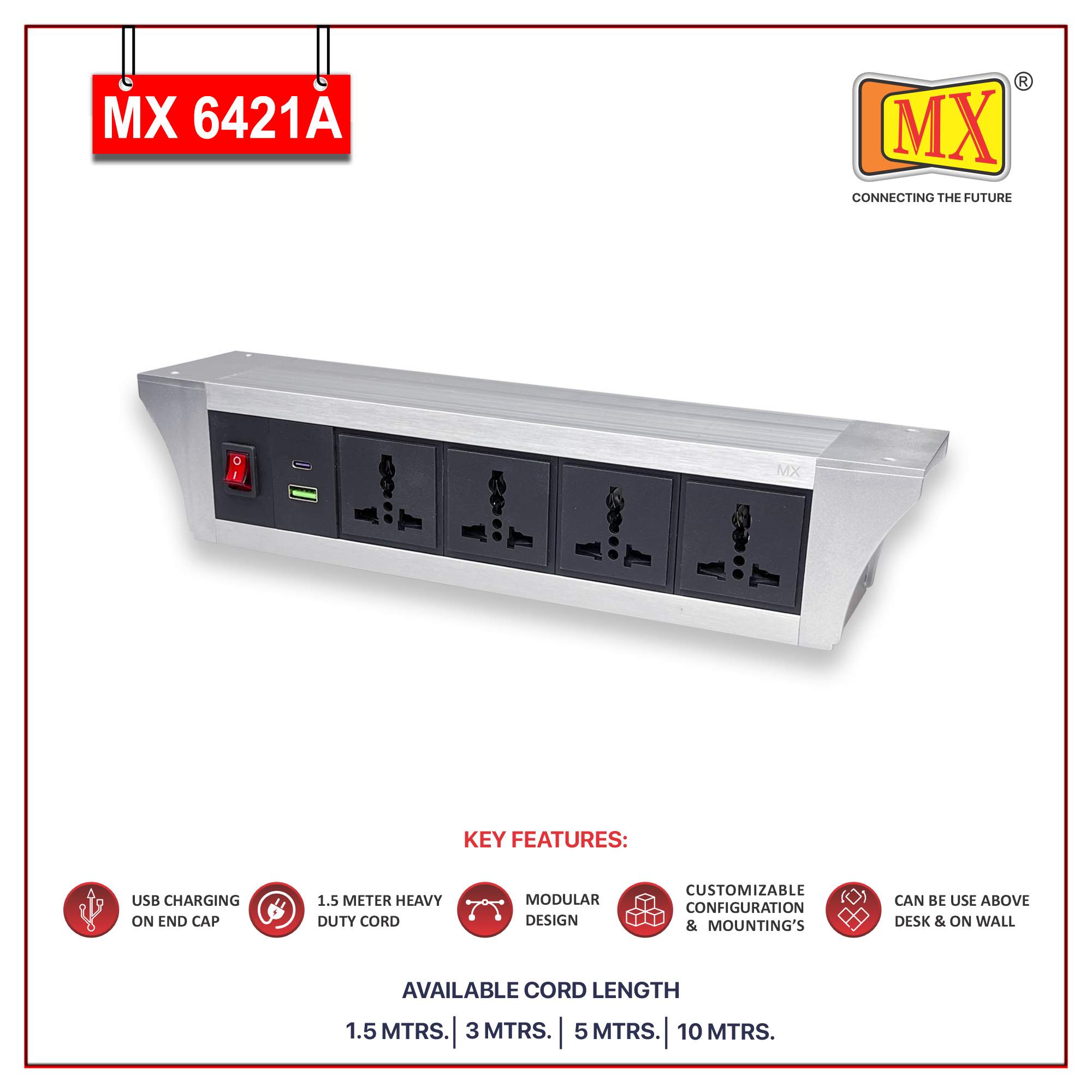 MX PDU Under table 6/13 Amps 4 Universal Socket | 2 USB (2.4 Amp) with 30W PD Charger | Dual Pole LED Indicator Switch | 6 Amps Heavy Duty Cord 10 Meter with ISI Marked, Aluminium Body Material(MX 6421A-10M Silver)