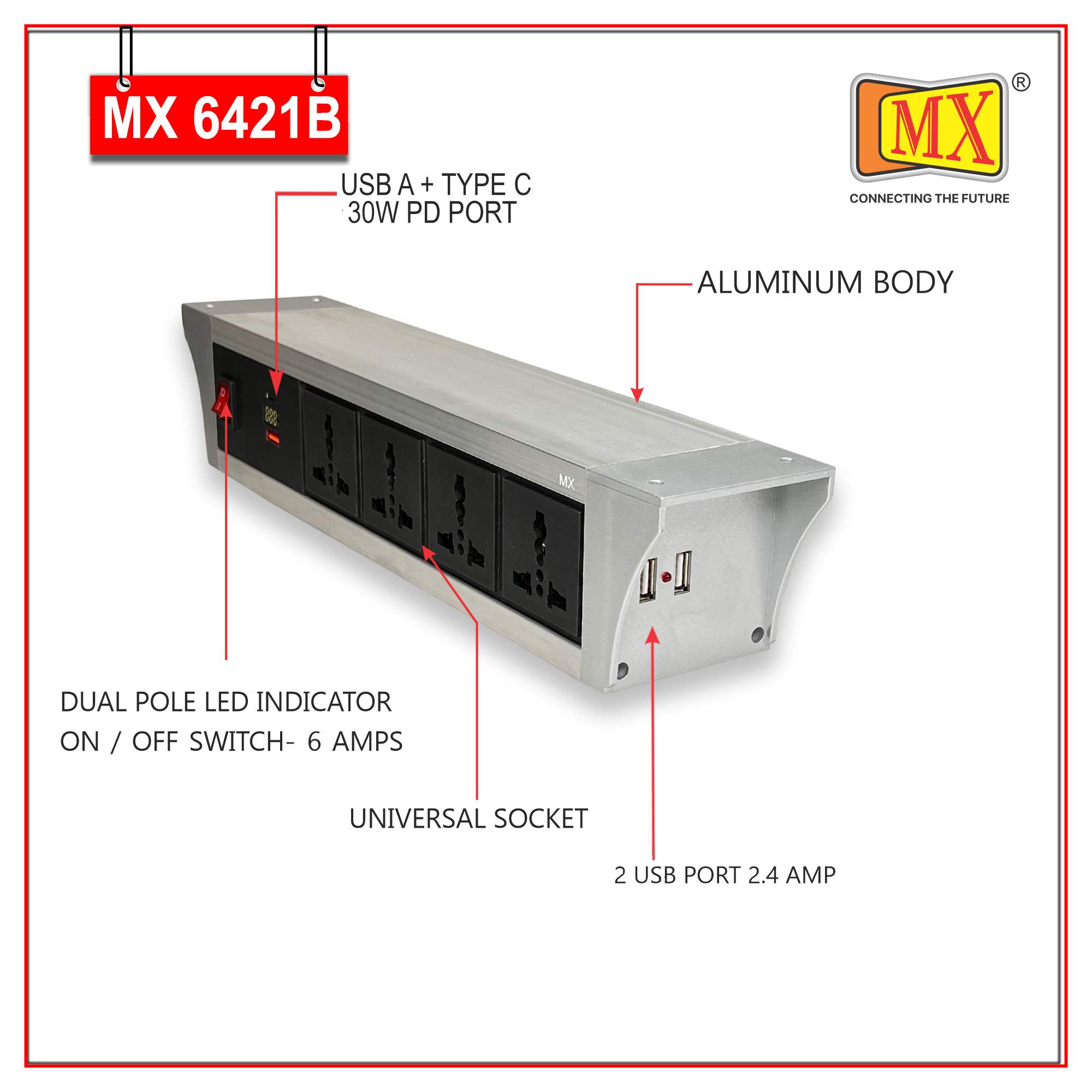MX PDU Under table 6/13 Amps 4 Universal Socket | 2 USB (2.4 Amp) with 30W PD Charger With Display | Dual Pole LED Indicator Switch | 6 Amps Heavy Duty Cord 3 Meter with ISI Marked, Aluminium Body Material(MX 6421B-3M Silver)