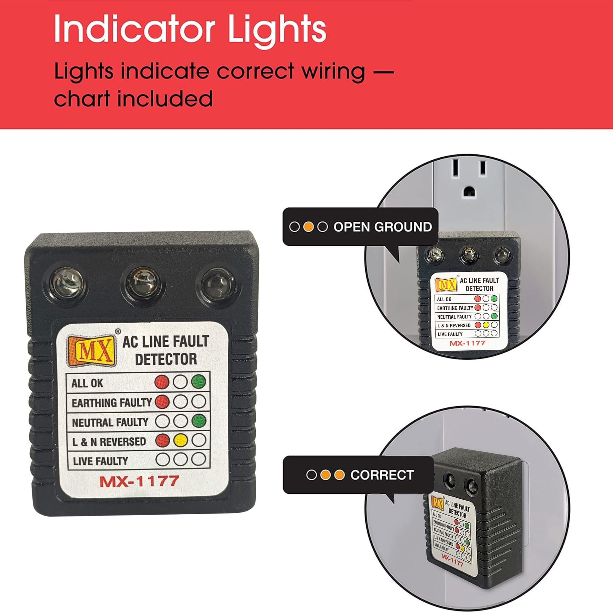 MX AC Electrical Line Fault Detector 5 AMP 3 Pin AC Socket Tester with Automatic Earthing & Neutral Faulty | L&N Reversed | Live Faulty Detector with RYG Led Indicator Wall Plug - Pack of 5