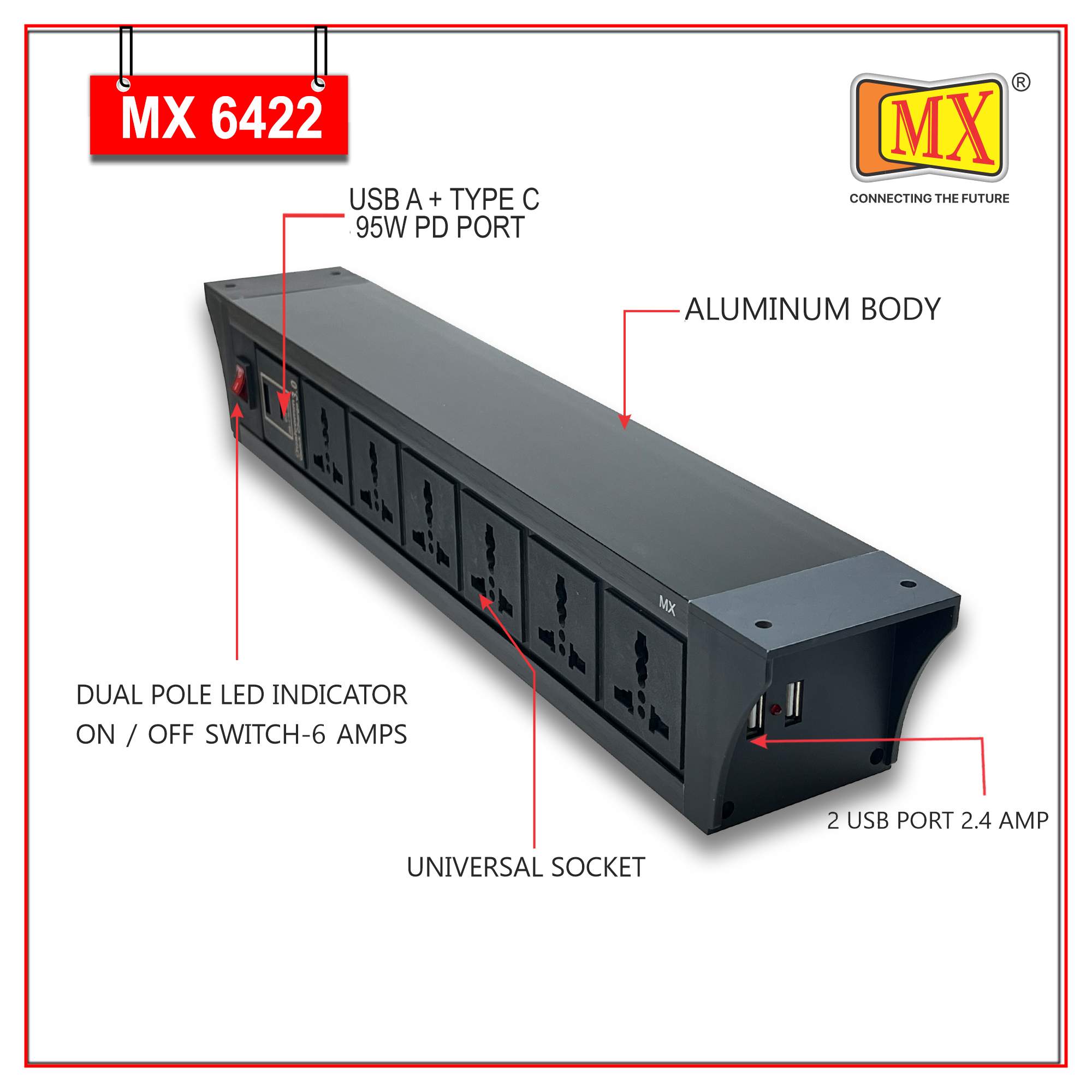 MX PDU Under table 6/13 Amps 6 Universal Socket | 2 USB (2.4 Amp) with 95W PD Charger | Dual Pole LED Indicator Switch | 6 Amps Heavy Duty Cord 3 Meter with ISI Marked, Aluminium Body Material(MX 6422-3M Black)