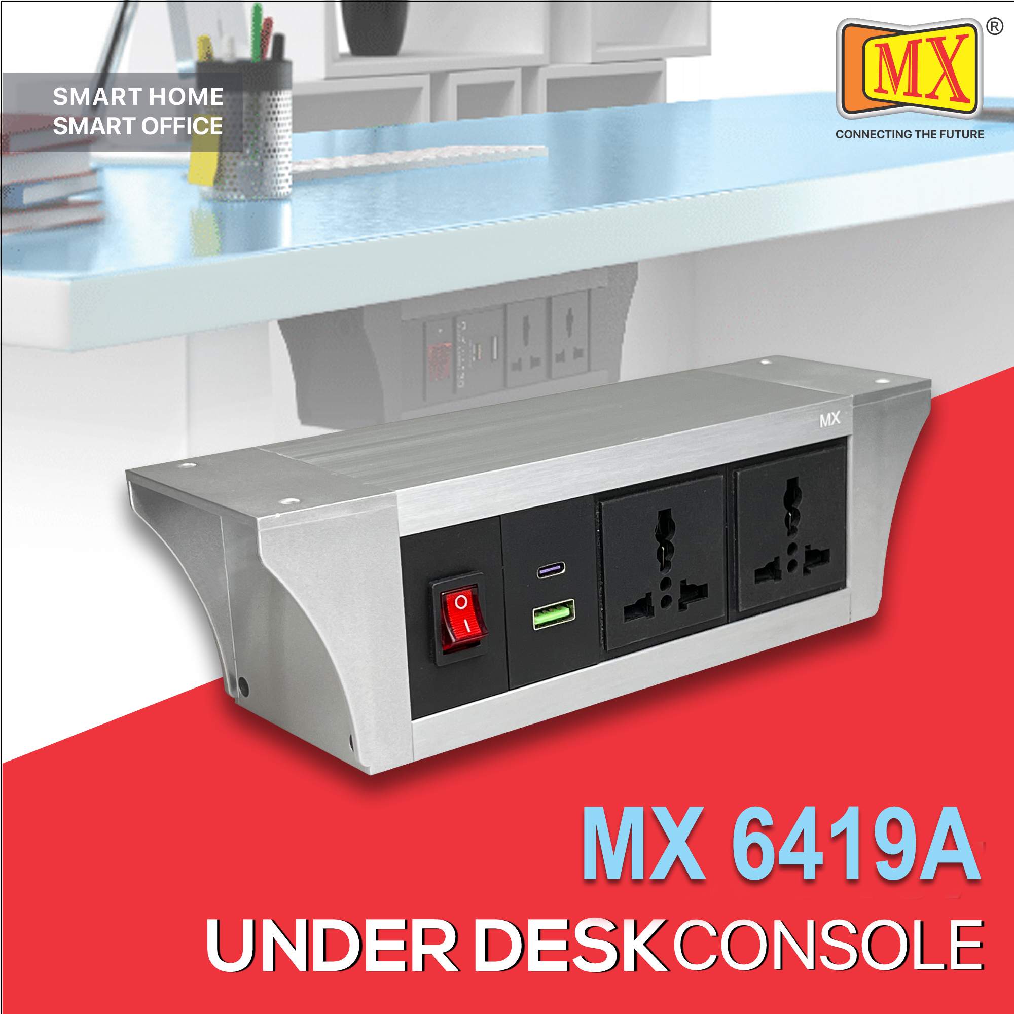 MX PDU Under table 6/13 Amps 2 Universal Socket | 2 USB (2.4 Amp) with 30W PD Charger | Dual Pole LED Indicator Switch | 6 Amps Heavy Duty Cord 1.5 Meter with ISI Marked, Aluminium Body Material(MX 6419A-1.5M Silver)