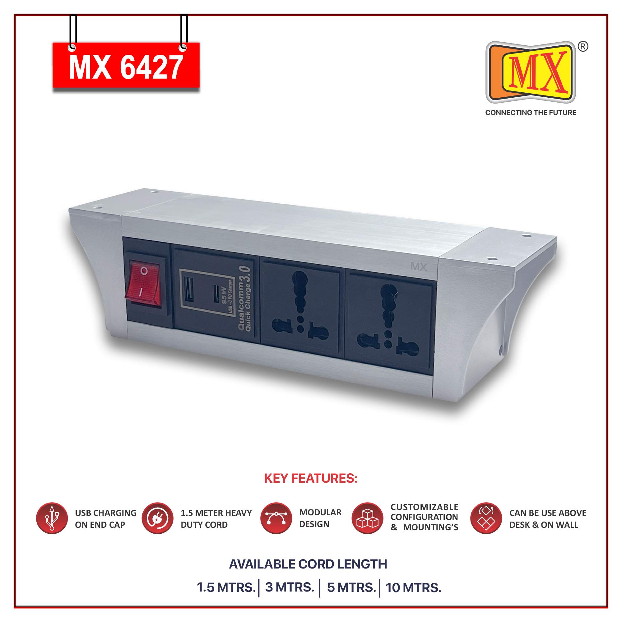 MX PDU Under table 6/16 Amps 2 Universal Socket | 2 USB (2.4 Amp) with 95W PD Charger | Dual Pole LED Indicator Switch | 16 Amps Heavy Duty Cord 5 Meter with ISI Marked, Aluminium Body Material(MX 6427-5M Silver)