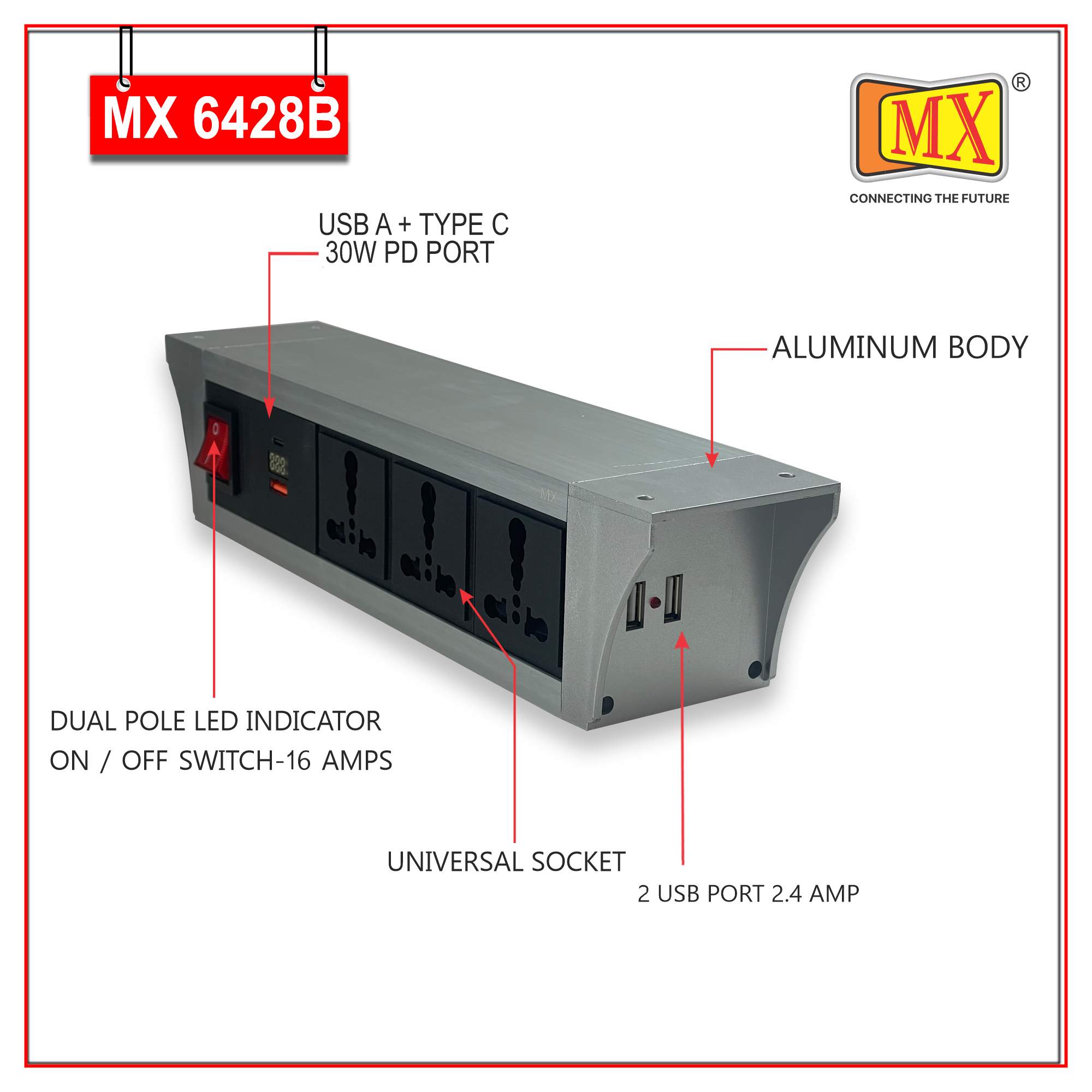 MX PDU Under table 6/16 Amps 3 Universal Socket | 2 USB (2.4 Amp) with 30W PD Charger With Display | Dual Pole LED Indicator Switch | 16 Amps Heavy Duty Cord 3 Meter with ISI Marked, Aluminium Body Material(MX 6428B-3M Silver)