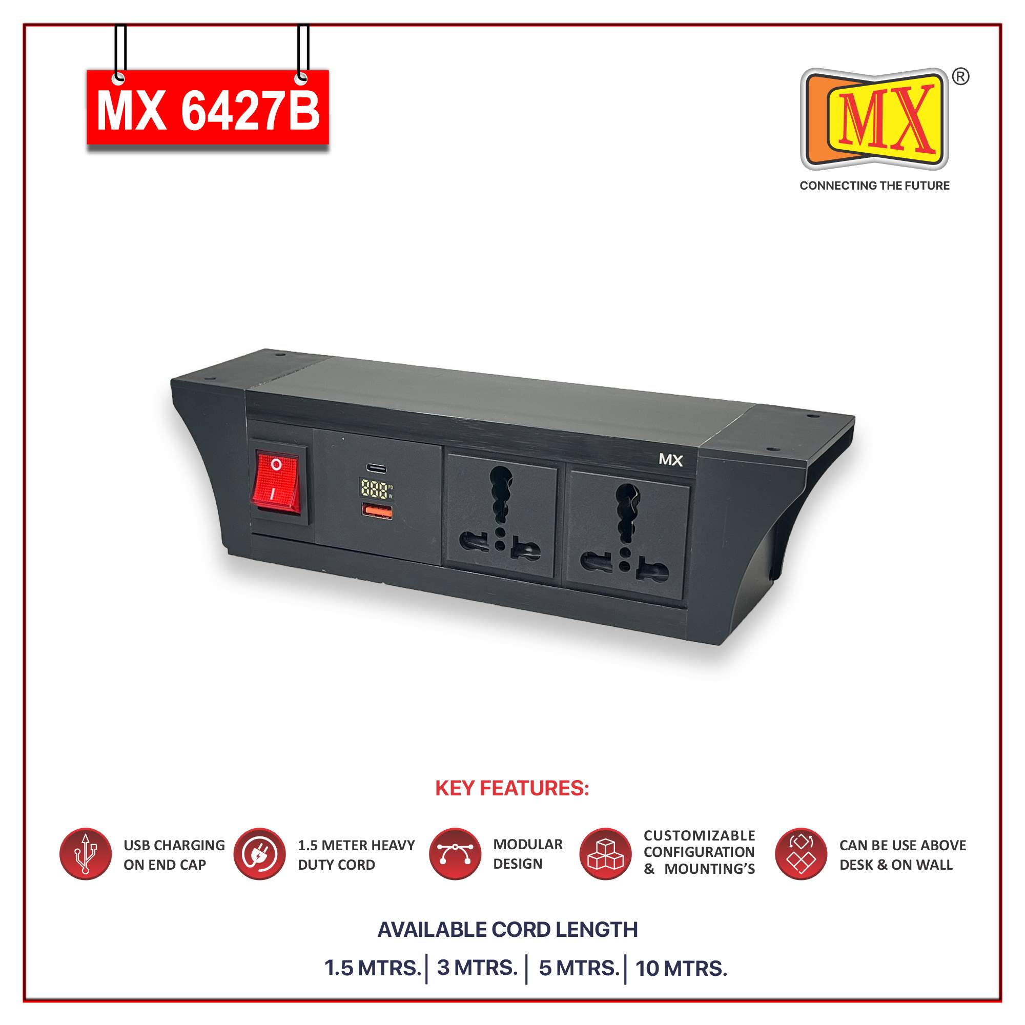 MX PDU Under table 6/16 Amps 2 Universal Socket | 2 USB (2.4 Amp) with 30W PD Charger With Display  | Dual Pole LED Indicator Switch | 16 Amps Heavy Duty Cord 1.5 Meter with ISI Marked, Aluminium Body Material(MX 6427B-1.5M Black)