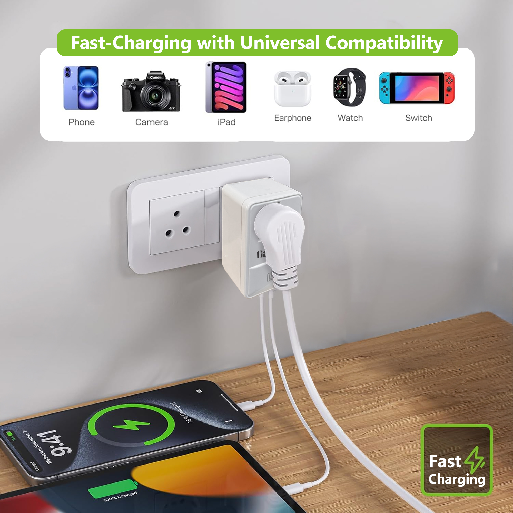 MX 70W GaN Multi Plug Indian Pin Adapter with Universal Socket & Dual USB-C PD Fast Charging - White