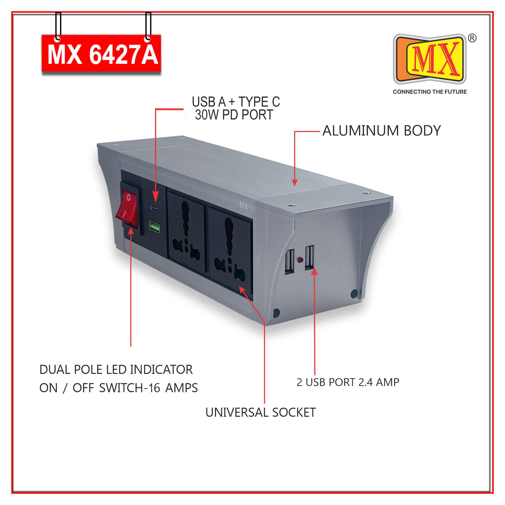 MX PDU Under table 6/16 Amps 2 Universal Socket | 2 USB (2.4 Amp) with 30W PD Charger | Dual Pole LED Indicator Switch | 16 Amps Heavy Duty Cord 3 Meter with ISI Marked, Aluminium Body Material(MX 6427A-3M Silver)