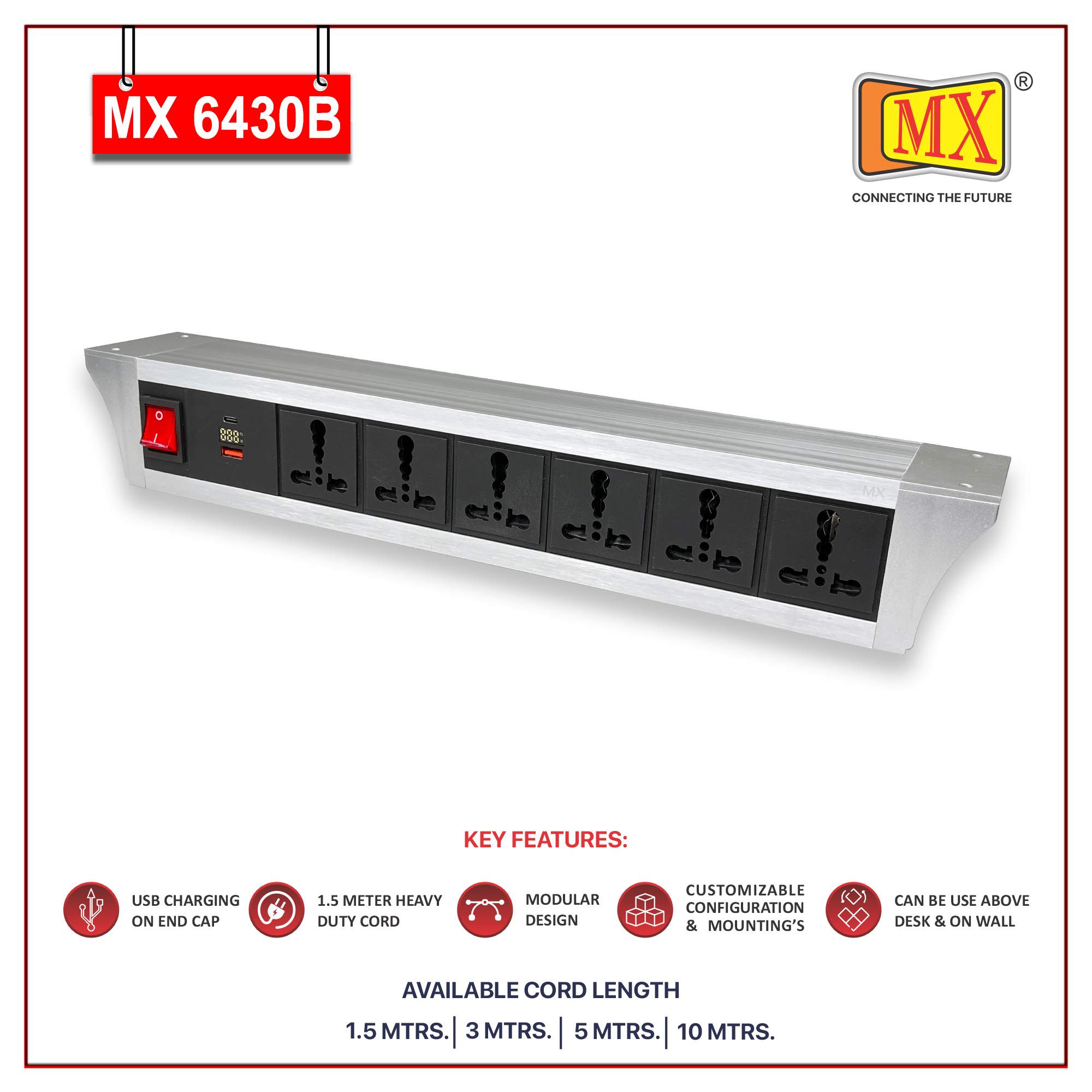 MX PDU Under table 6/16 Amps 6 Universal Socket | 2 USB (2.4 Amp) with 30W PD Charger With Display | Dual Pole LED Indicator Switch | 16 Amps Heavy Duty Cord 5 Meter with ISI Marked, Aluminium Body Material(MX 6430B-5M Silver)