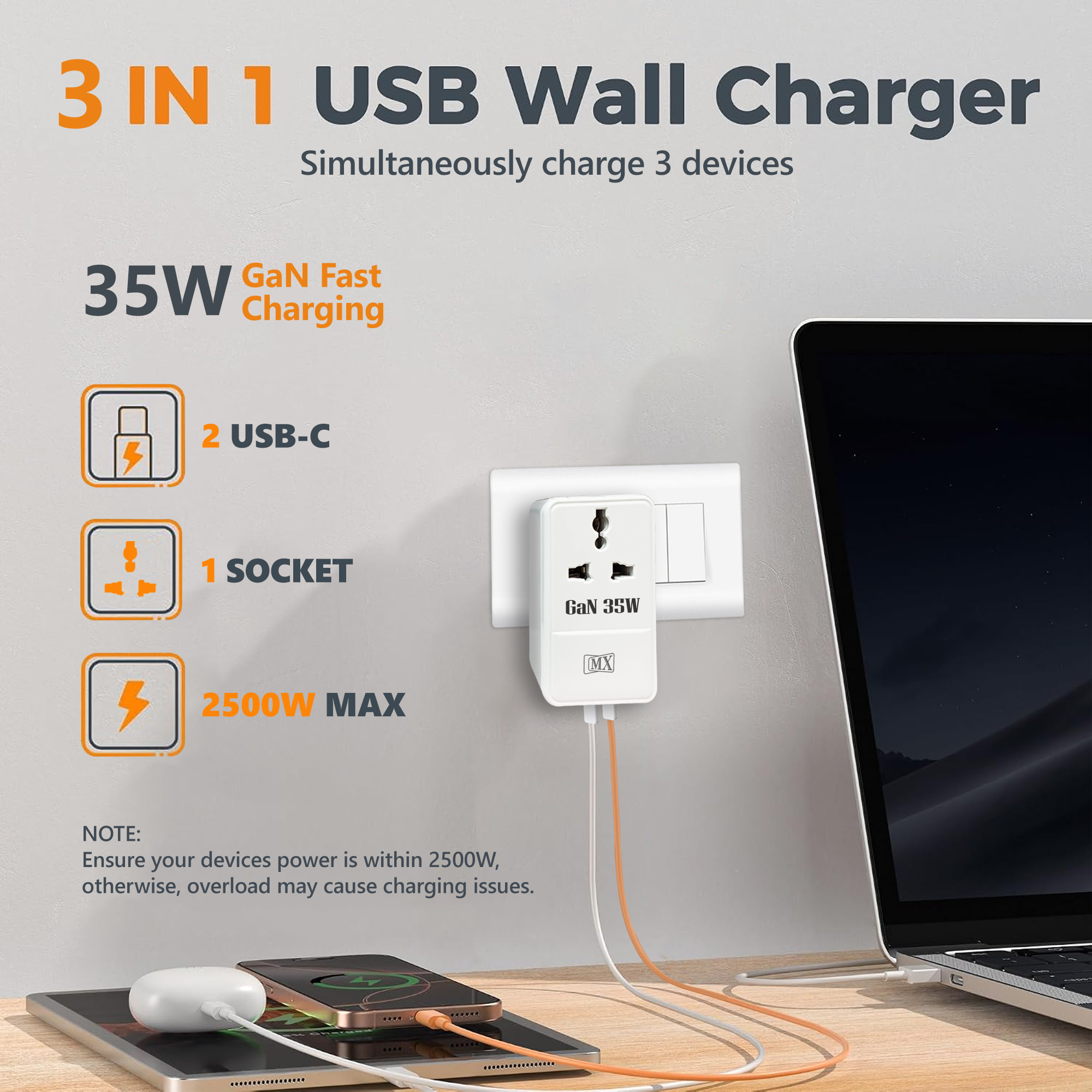 MX 35W GaN Multi Plug Indian Pin Adapter with Universal Socket & Dual USB-C PD Fast Charging - White