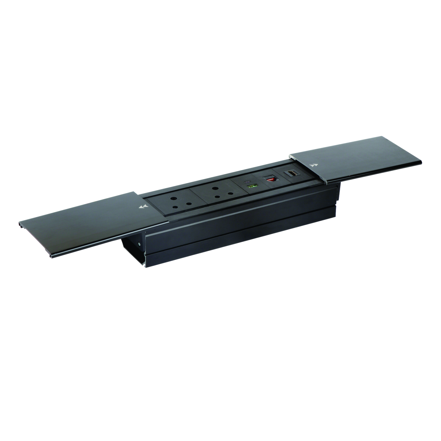 MX Desktop Access Flap with Double Sliding Open with 2 Indian Socket/1 HDMI(4K) /1 RJ-45(CAT-6)/2 USB (A+C 18W PD) Cable Manager ( MX 7005 DD ) (Black)