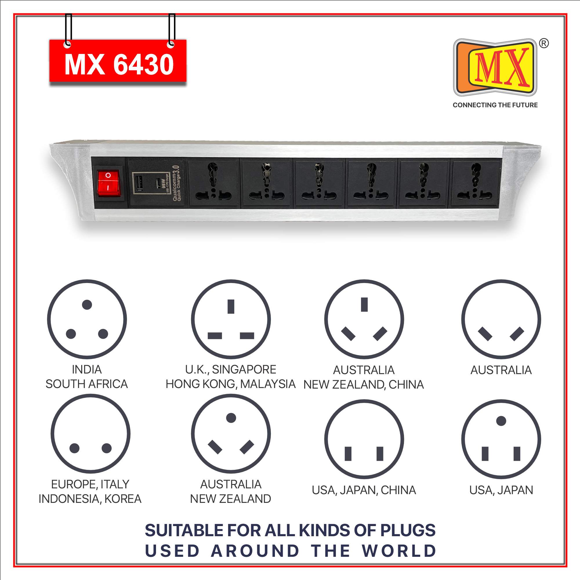 MX PDU Under table 6/16 Amps 6 Universal Socket | 2 USB (2.4 Amp) with 95W PD Charger | Dual Pole LED Indicator Switch | 16 Amps Heavy Duty Cord 3 Meter with ISI Marked, Aluminium Body Material(MX 6430-3M Silver)