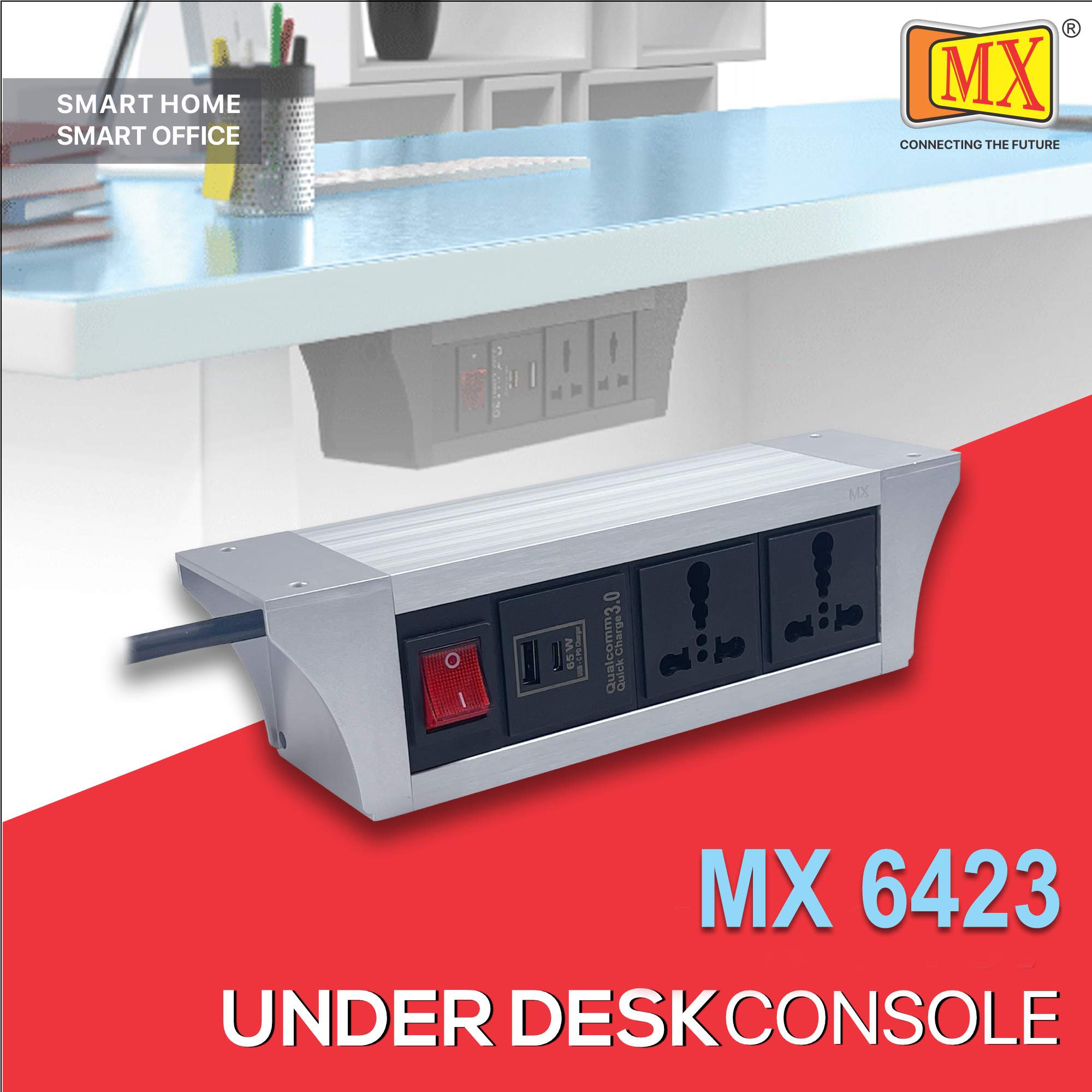 MX PDU Under table 6/16 Amps 2 Universal Socket | 2 USB (2.4 Amp) with 65W PD Charger | Dual Pole LED Indicator Switch | 16 Amps Heavy Duty Cord 5 Meter with ISI Marked, Aluminium Body Material(MX 6423-5M Silver)