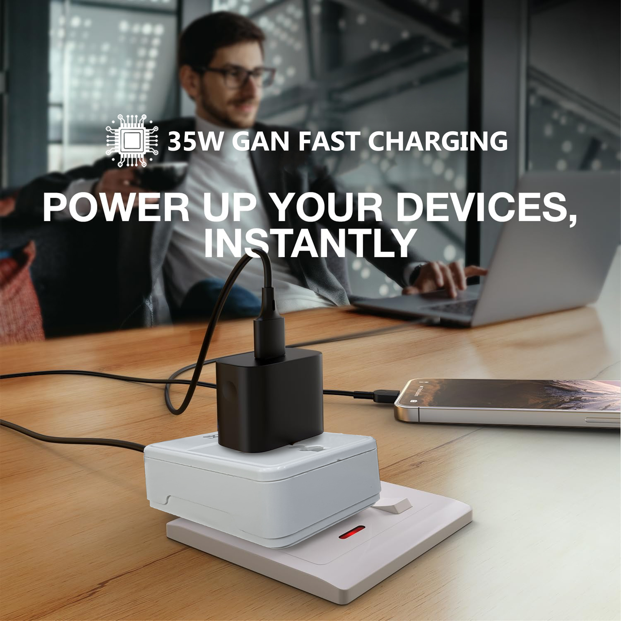 MX 35W GaN Multi Plug Indian Pin Adapter with Universal Socket & Dual USB-C PD Fast Charging - White