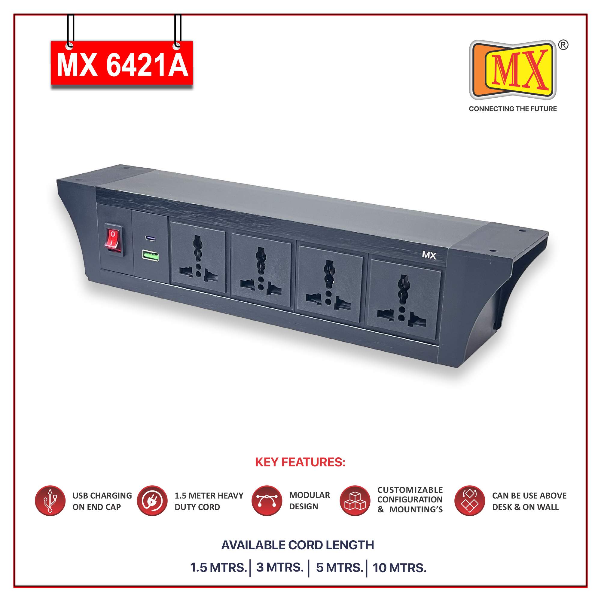 MX PDU Under table 6/13 Amps 4 Universal Socket | 2 USB (2.4 Amp) with 30W PD Charger | Dual Pole LED Indicator Switch | 6 Amps Heavy Duty Cord 10 Meter with ISI Marked, Aluminium Body Material(MX 6421A-10M Black)
