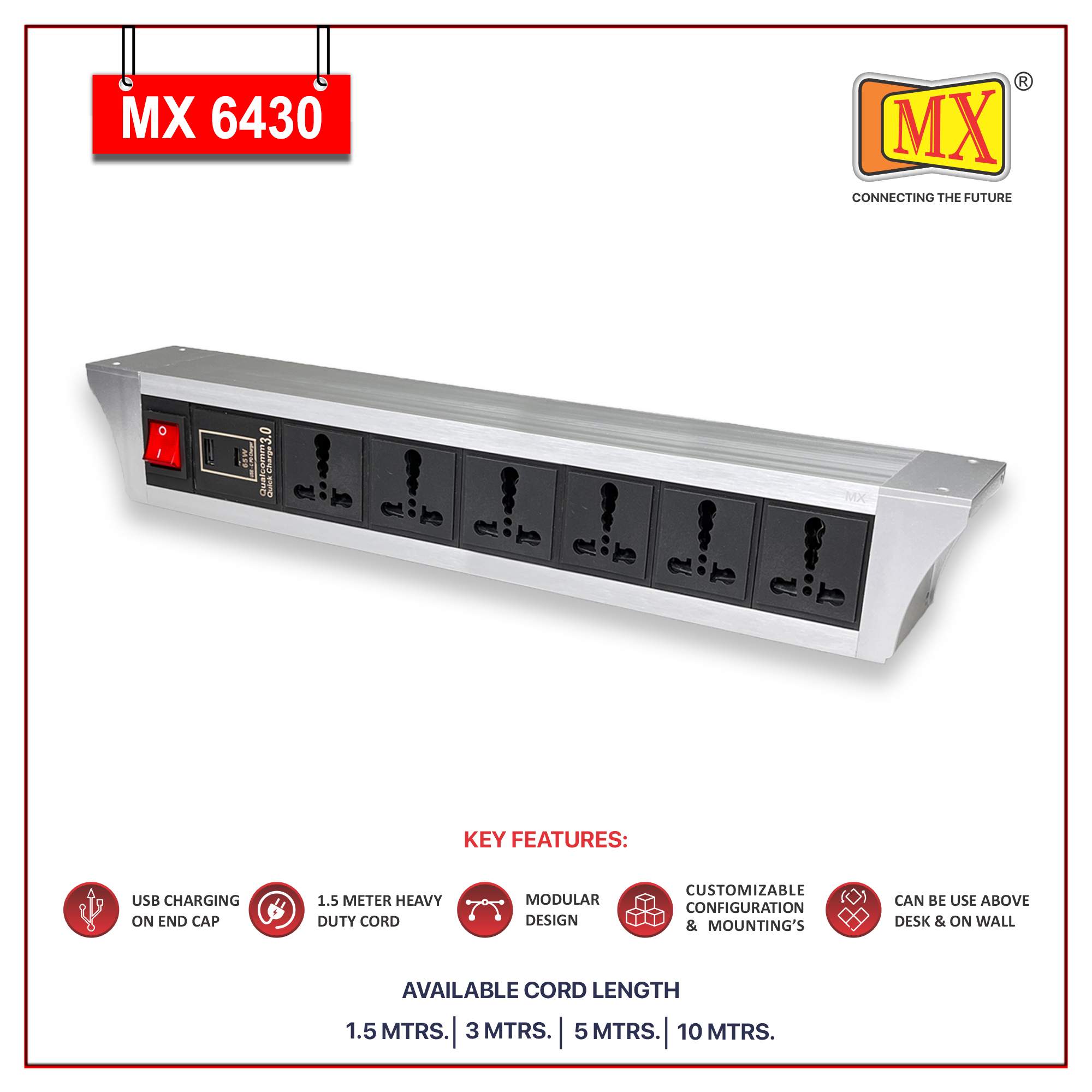 MX PDU Under table 6/16 Amps 6 Universal Socket | 2 USB (2.4 Amp) with 95W PD Charger | Dual Pole LED Indicator Switch | 16 Amps Heavy Duty Cord 5 Meter with ISI Marked, Aluminium Body Material(MX 6430-5M Silver)