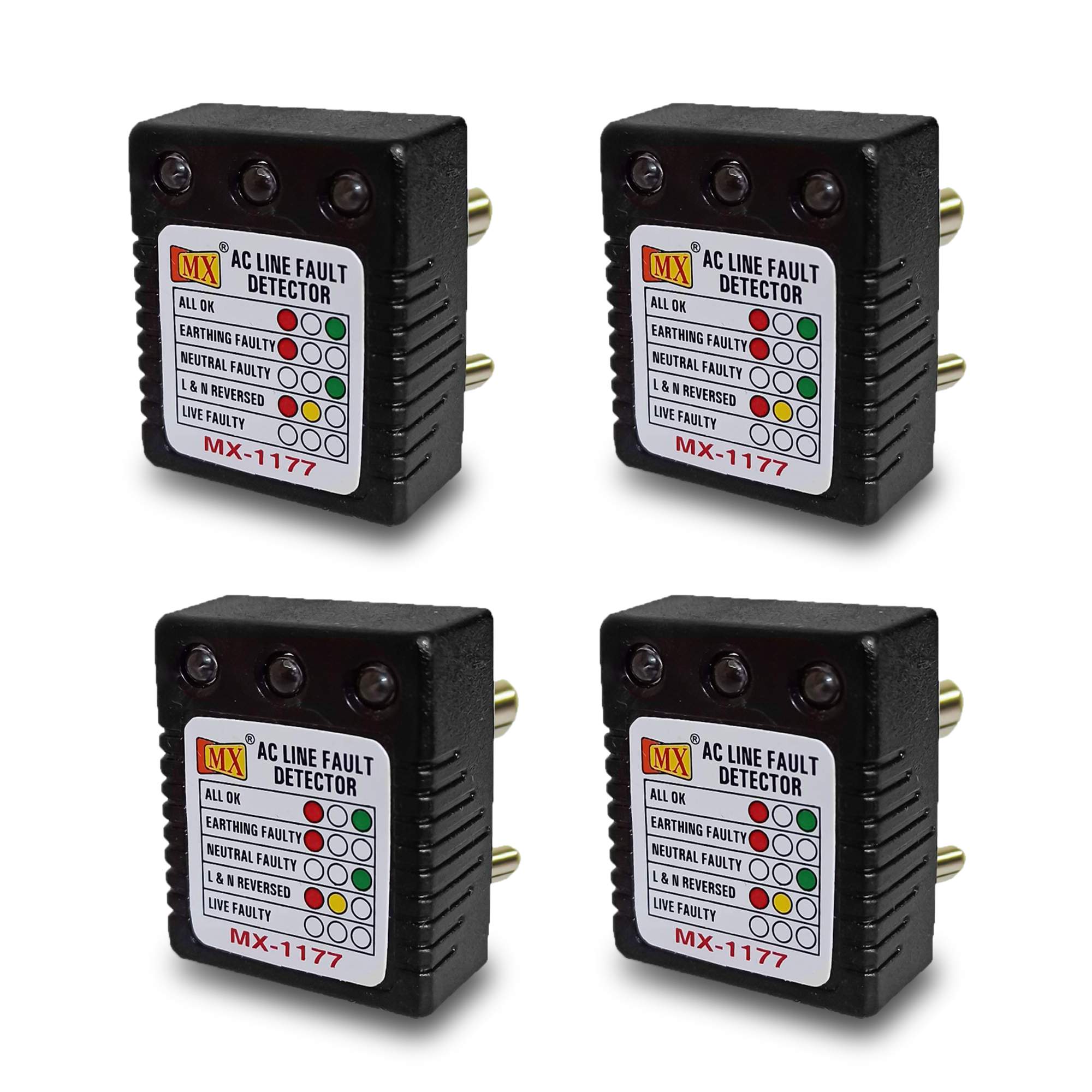 MX AC Electrical Line Fault Detector 5 AMP 3 Pin AC Socket Tester with Automatic Earthing & Neutral Faulty | L&N Reversed | Live Faulty Detector with RYG Led Indicator Wall Plug - Pack of 4