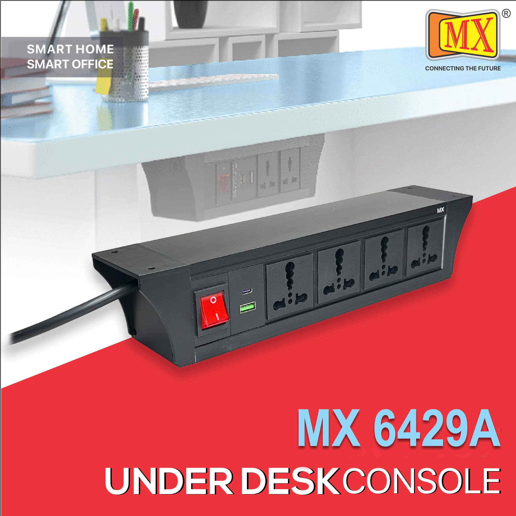 MX PDU Under table 6/16 Amps 4 Universal Socket | 2 USB (2.4 Amp) with 30W PD Charger | Dual Pole LED Indicator Switch | 16 Amps Heavy Duty Cord 3 Meter with ISI Marked, Aluminium Body Material(MX 6429A-3M Black)