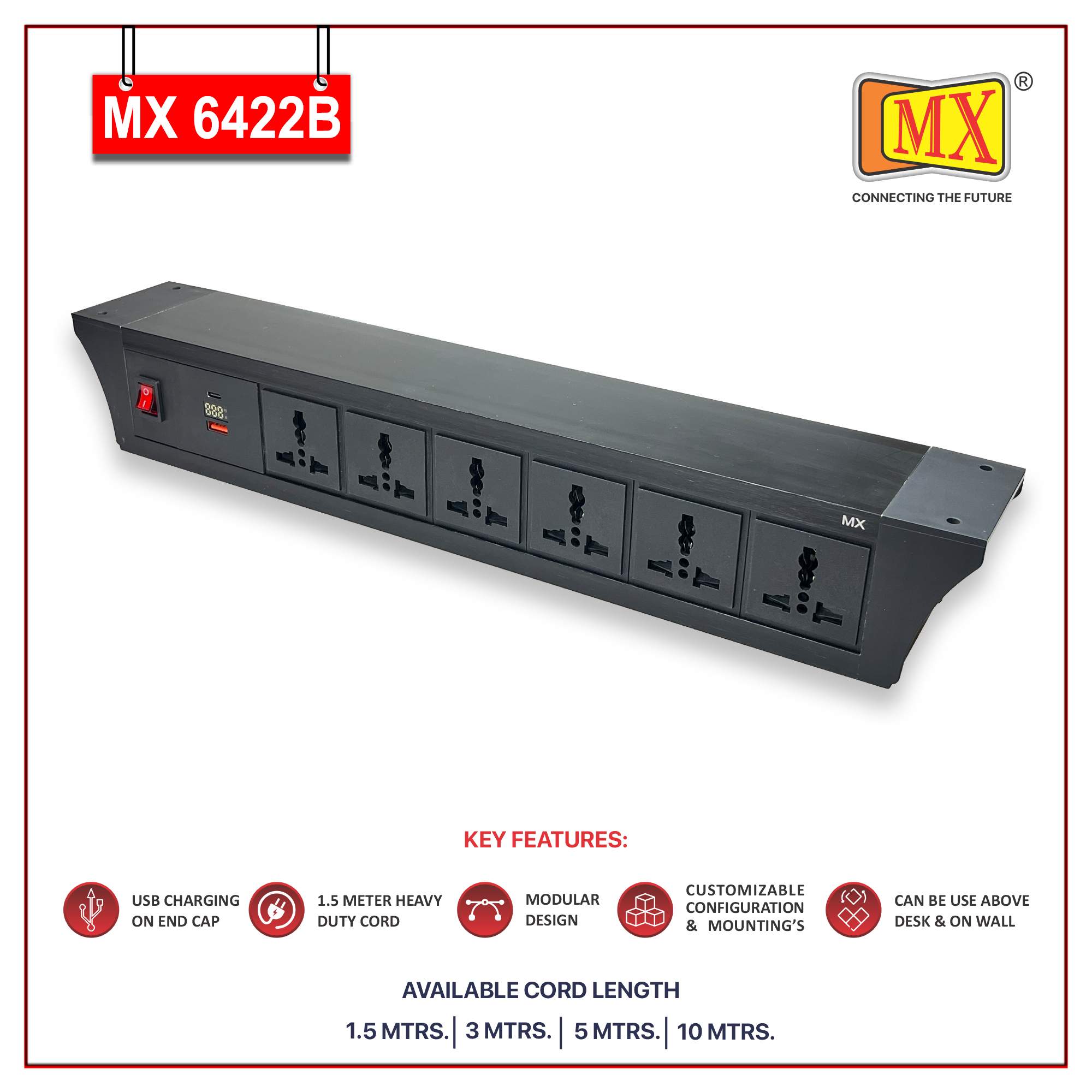 MX PDU Under table 6/13 Amps 6 Universal Socket | 2 USB (2.4 Amp) with 30W PD Charger With Display | Dual Pole LED Indicator Switch | 6 Amps Heavy Duty Cord 10 Meter with ISI Marked, Aluminium Body Material(MX 6422B-10M Black)