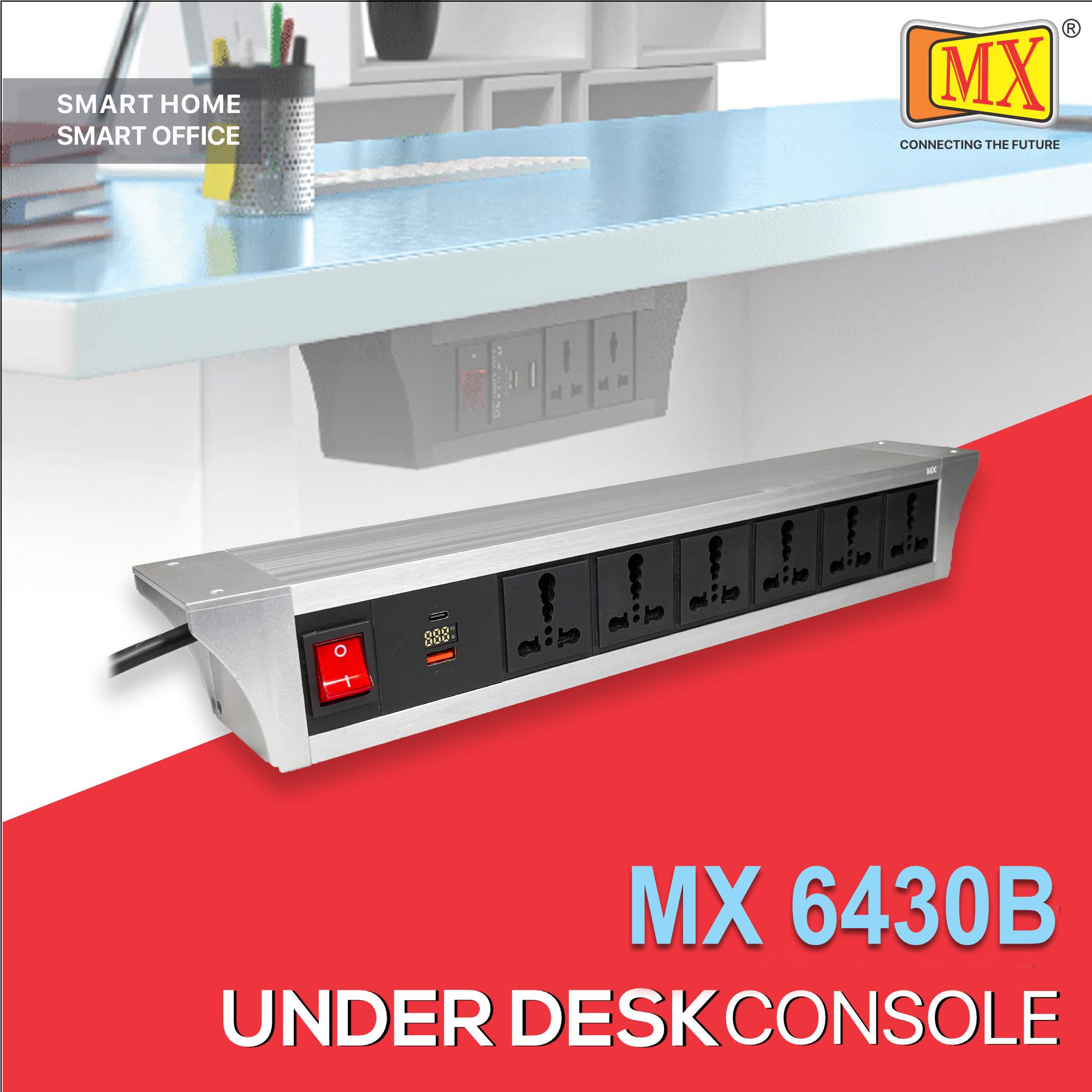 MX PDU Under table 6/16 Amps 6 Universal Socket | 2 USB (2.4 Amp) with 30W PD Charger With Display  | Dual Pole LED Indicator Switch | 16 Amps Heavy Duty Cord 1.5 Meter with ISI Marked, Aluminium Body Material(MX 6430B-1.5M Silver)