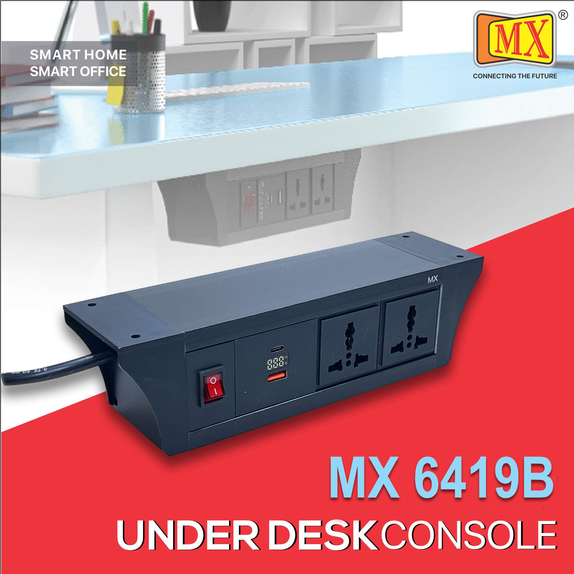 MX PDU Under table 6/13 Amps 2 Universal Socket | 2 USB (2.4 Amp) with 30W PD Charger With Display | Dual Pole LED Indicator Switch | 6 Amps Heavy Duty Cord 5 Meter with ISI Marked, Aluminium Body Material(MX 6419B-5M Black)