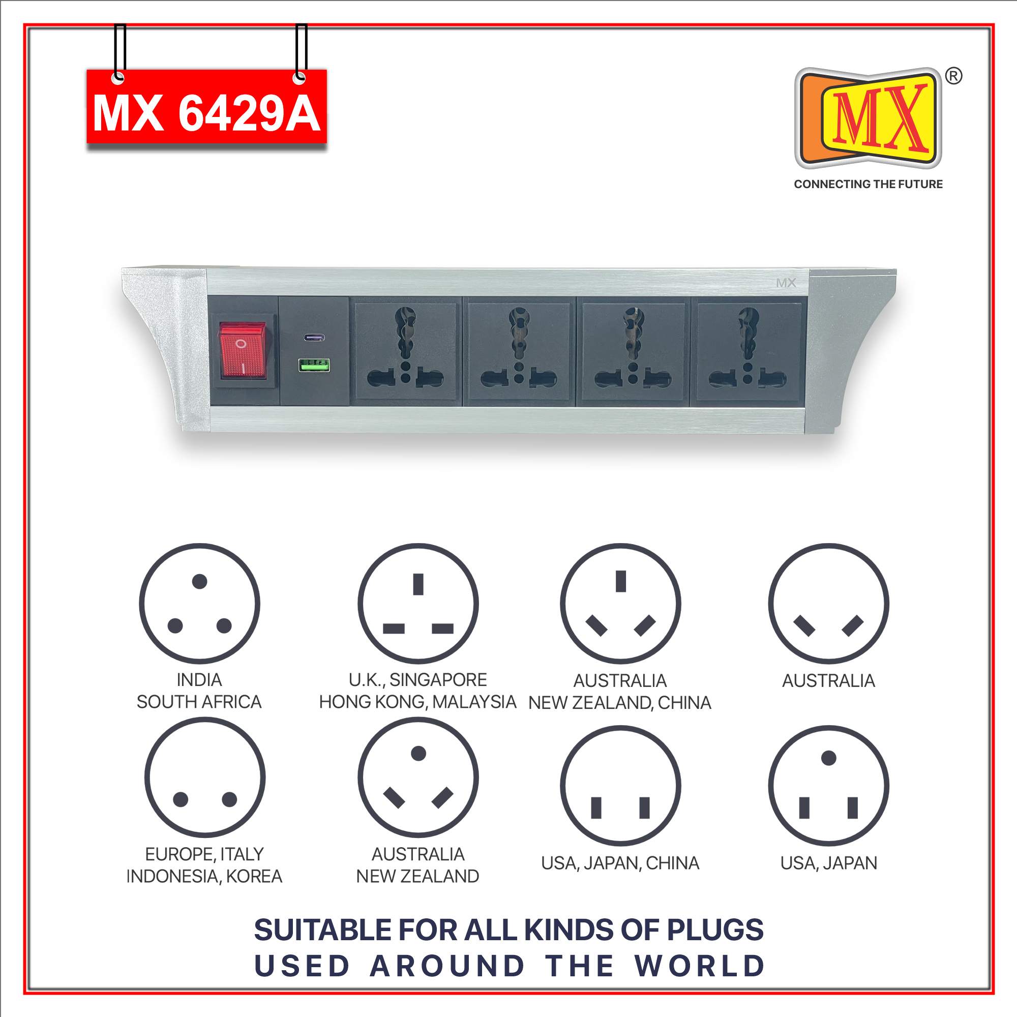 MX PDU Under table 6/16 Amps 4 Universal Socket | 2 USB (2.4 Amp) with 30W PD Charger | Dual Pole LED Indicator Switch | 16 Amps Heavy Duty Cord 5 Meter with ISI Marked, Aluminium Body Material(MX 6429A-5M Silver)