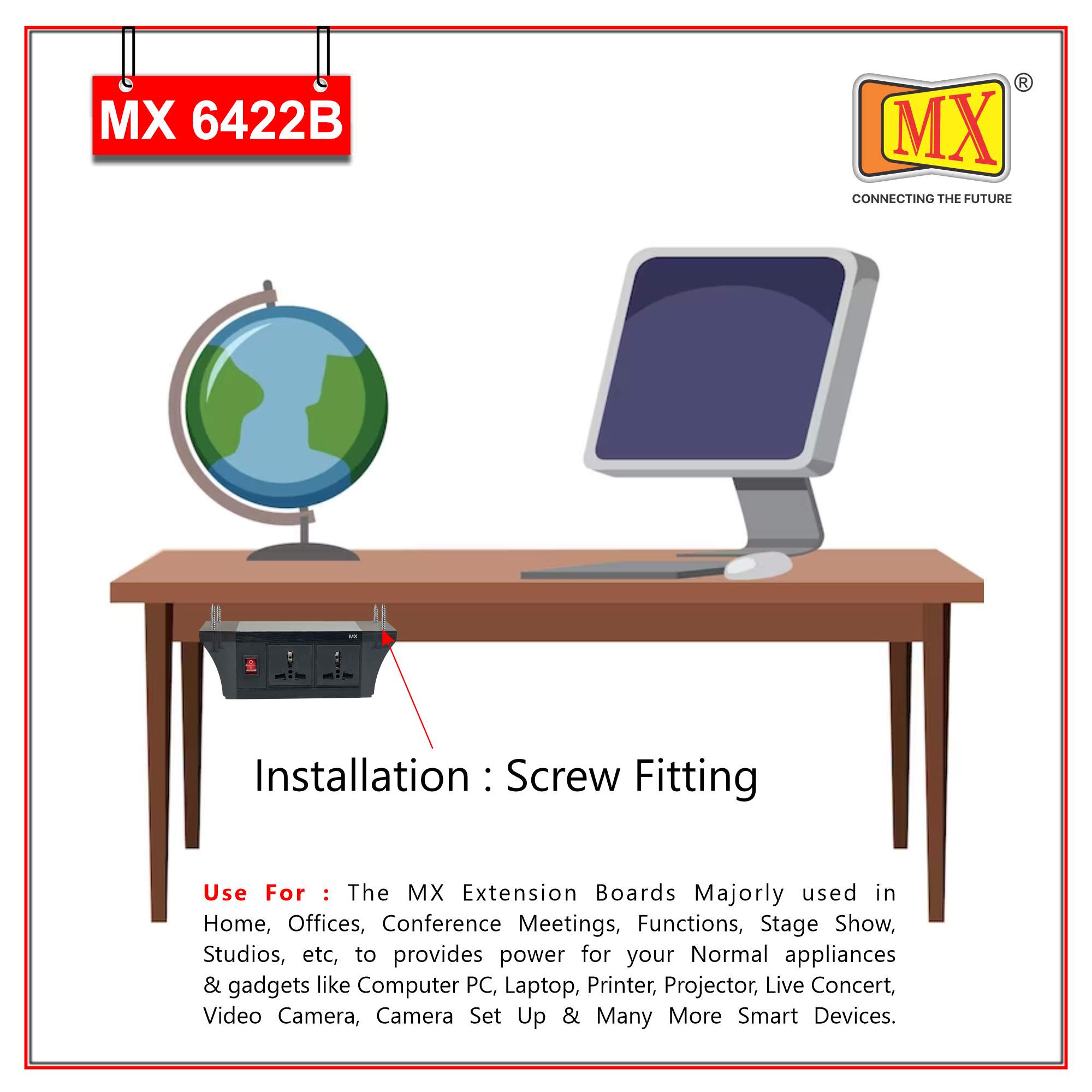 MX PDU Under table 6/13 Amps 6 Universal Socket | 2 USB (2.4 Amp) with 30W PD Charger With Display | Dual Pole LED Indicator Switch | 6 Amps Heavy Duty Cord 10 Meter with ISI Marked, Aluminium Body Material(MX 6422B-10M Silver)