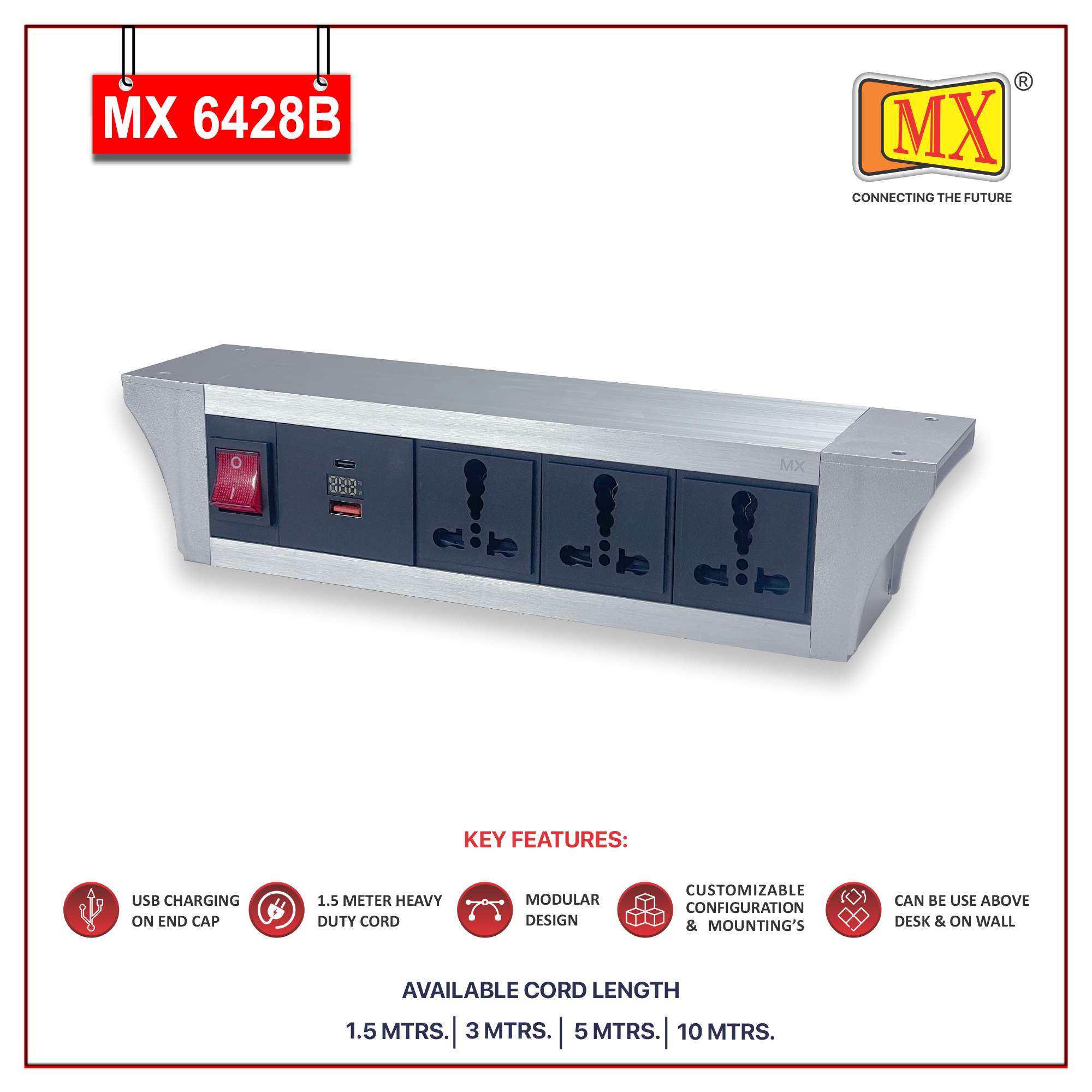 MX PDU Under table 6/16 Amps 3 Universal Socket | 2 USB (2.4 Amp) with 30W PD Charger With Display | Dual Pole LED Indicator Switch | 16 Amps Heavy Duty Cord 3 Meter with ISI Marked, Aluminium Body Material(MX 6428B-3M Silver)