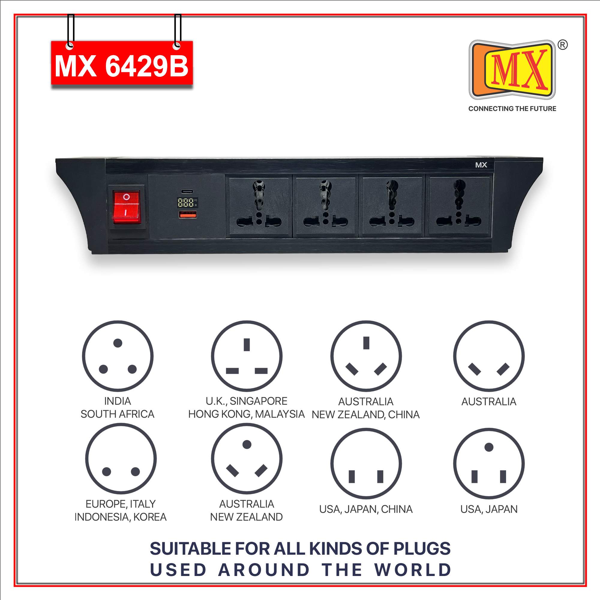 MX PDU Under table 6/16 Amps 4 Universal Socket | 2 USB (2.4 Amp) with 30W PD Charger With Display | Dual Pole LED Indicator Switch | 16 Amps Heavy Duty Cord 10 Meter with ISI Marked, Aluminium Body Material(MX 6429B-10M Black)