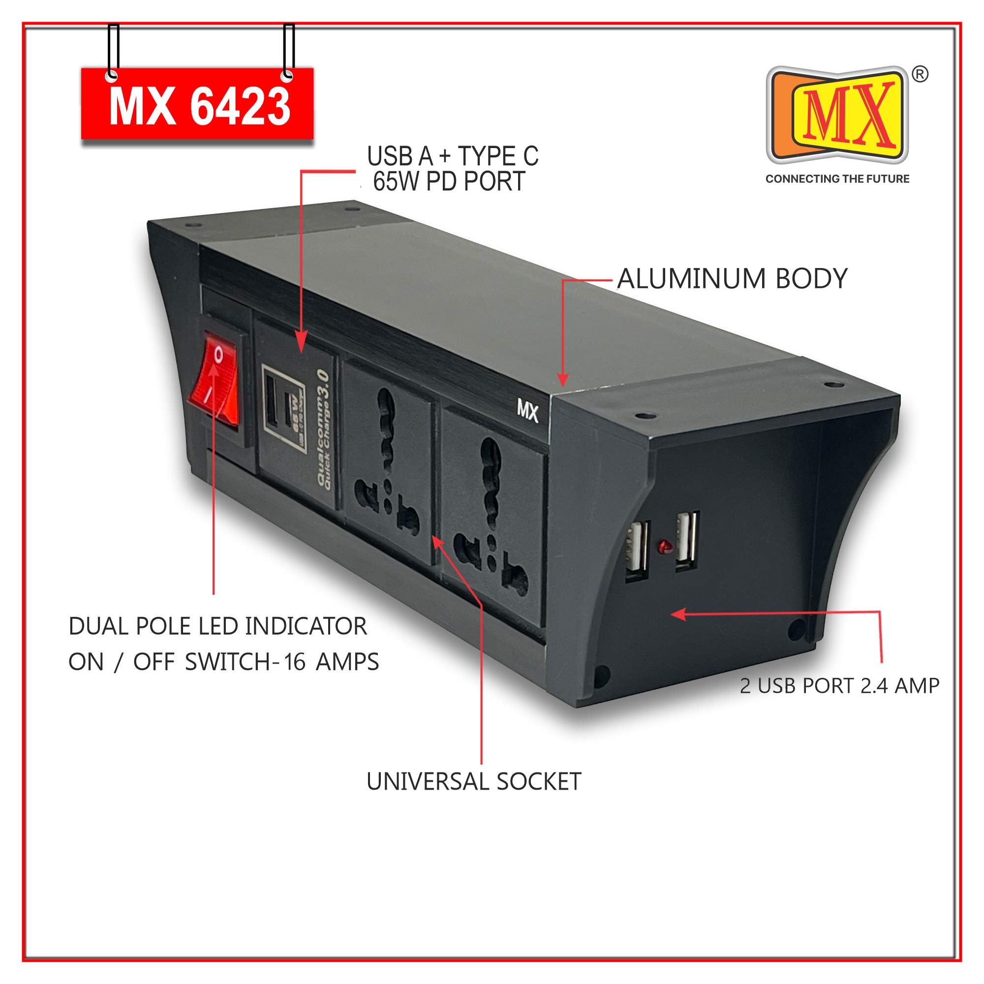 MX PDU Under table 6/16 Amps 2 Universal Socket | 2 USB (2.4 Amp) with 65W PD Charger | Dual Pole LED Indicator Switch | 16 Amps Heavy Duty Cord 10 Meter with ISI Marked, Aluminium Body Material(MX 6423-10M Black)