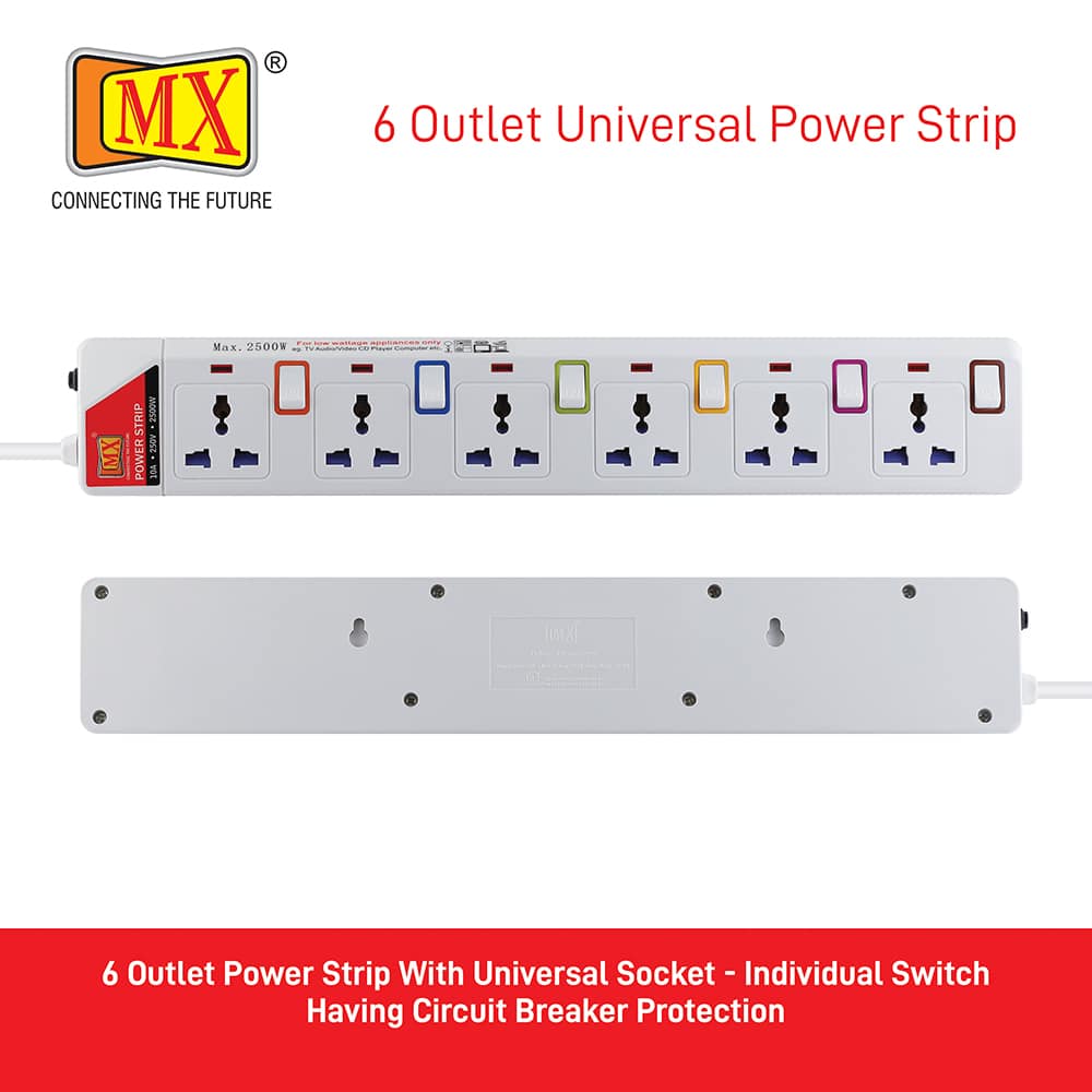 MX 6 Outlet Power Strip with Universal Socket & LED Indicator Individual Color Switch with Circuit Breaker Protection Spike Guard Extension Board with Child Safety Shutter, 5 Meter for home appliances like electric cooktop & Stove