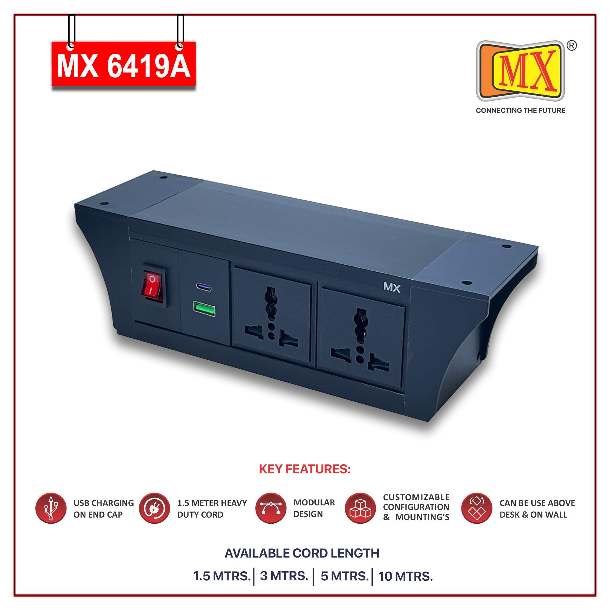 MX PDU Under table 6/13 Amps 2 Universal Socket | 2 USB (2.4 Amp) with 30W PD Charger | Dual Pole LED Indicator Switch | 6 Amps Heavy Duty Cord 5 Meter with ISI Marked, Aluminium Body Material(MX 6419A-5M Black)