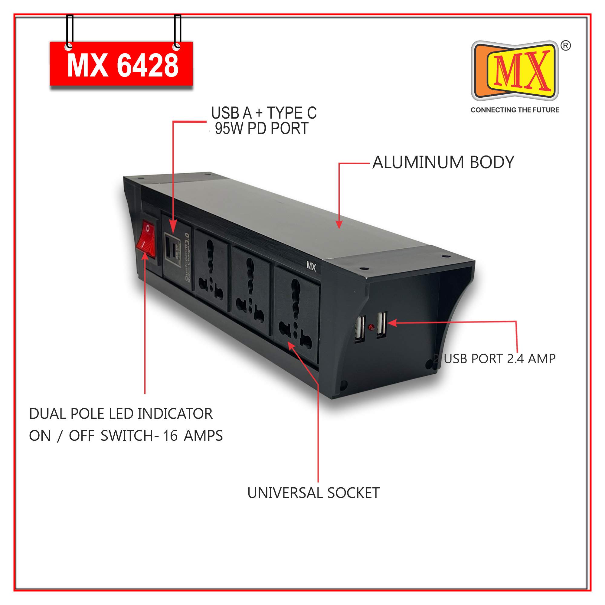 MX PDU Under table 6/16 Amps 3 Universal Socket | 2 USB (2.4 Amp) with 95W PD Charger | Dual Pole LED Indicator Switch | 16 Amps Heavy Duty Cord 10 Meter with ISI Marked, Aluminium Body Material(MX 6428-10M Black)