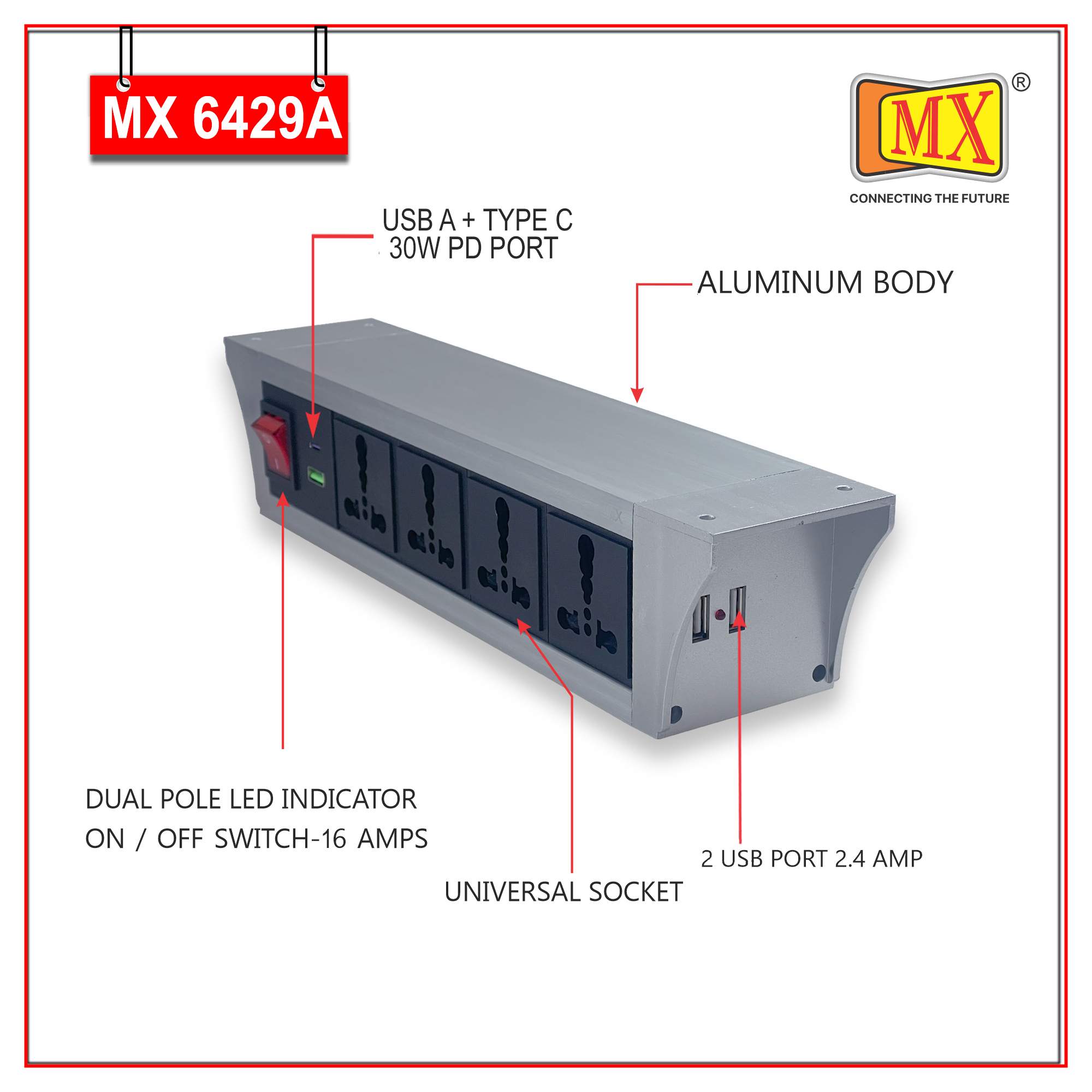 MX PDU Under table 6/16 Amps 4 Universal Socket | 2 USB (2.4 Amp) with 30W PD Charger | Dual Pole LED Indicator Switch | 16 Amps Heavy Duty Cord 10 Meter with ISI Marked, Aluminium Body Material(MX 6429A-10M Silver)