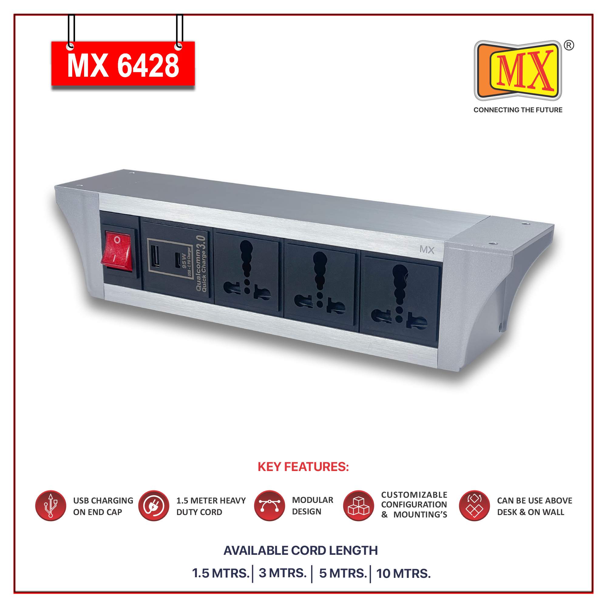 MX PDU Under table 6/16 Amps 3 Universal Socket | 2 USB (2.4 Amp) with 95W PD Charger | Dual Pole LED Indicator Switch | 16 Amps Heavy Duty Cord 10 Meter with ISI Marked, Aluminium Body Material(MX 6428-10M Silver)