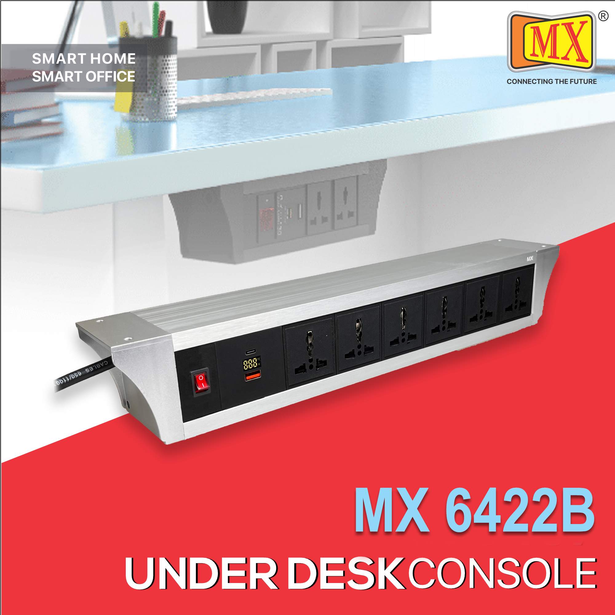MX PDU Under table 6/13 Amps 6 Universal Socket | 2 USB (2.4 Amp) with 30W PD Charger With Display | Dual Pole LED Indicator Switch | 6 Amps Heavy Duty Cord 10 Meter with ISI Marked, Aluminium Body Material(MX 6422B-10M Silver)