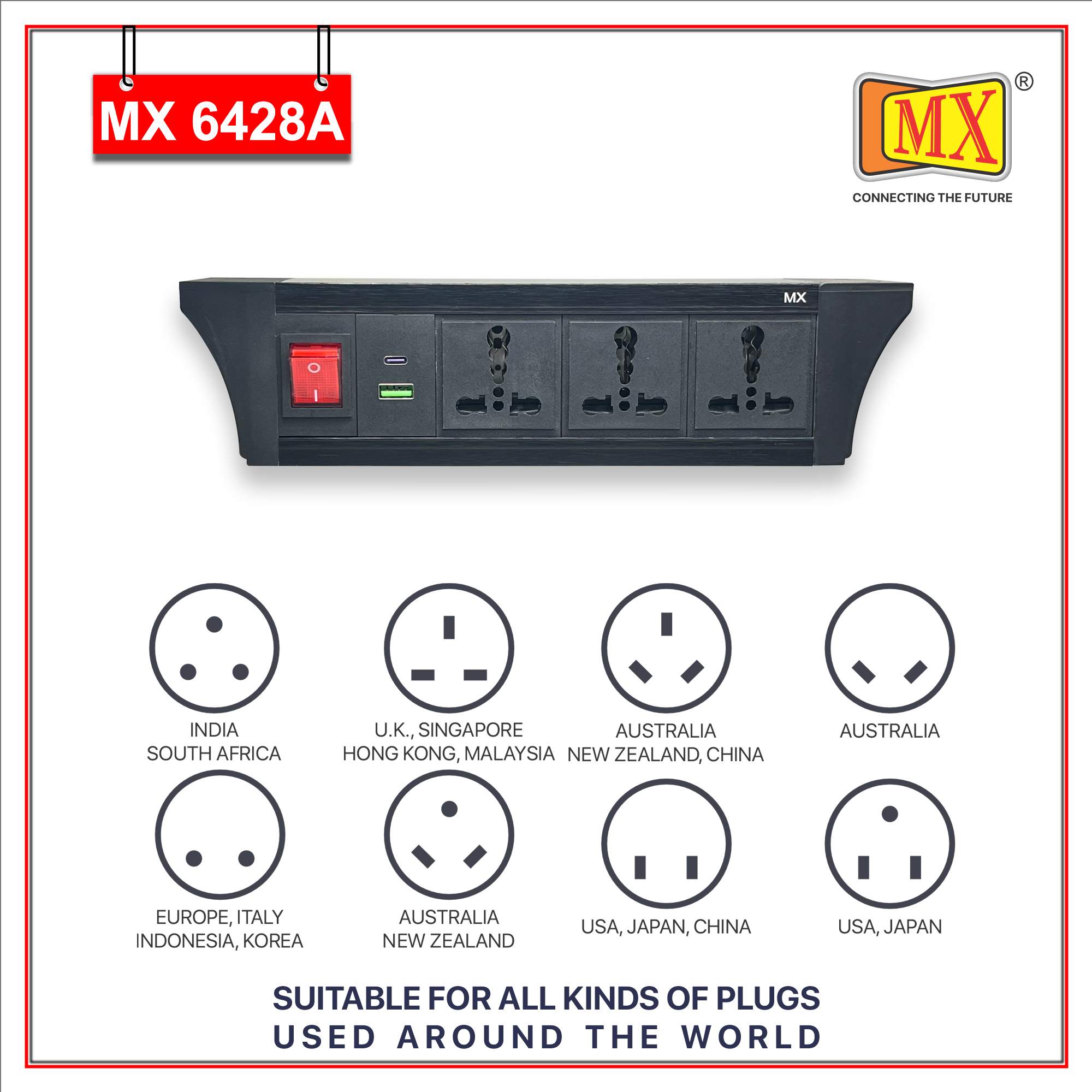 MX PDU Under table 6/16 Amps 3 Universal Socket | 2 USB (2.4 Amp) with 30W PD Charger | Dual Pole LED Indicator Switch | 16 Amps Heavy Duty Cord 1.5 Meter with ISI Marked, Aluminium Body Material(MX 6428A-1.5M Black)