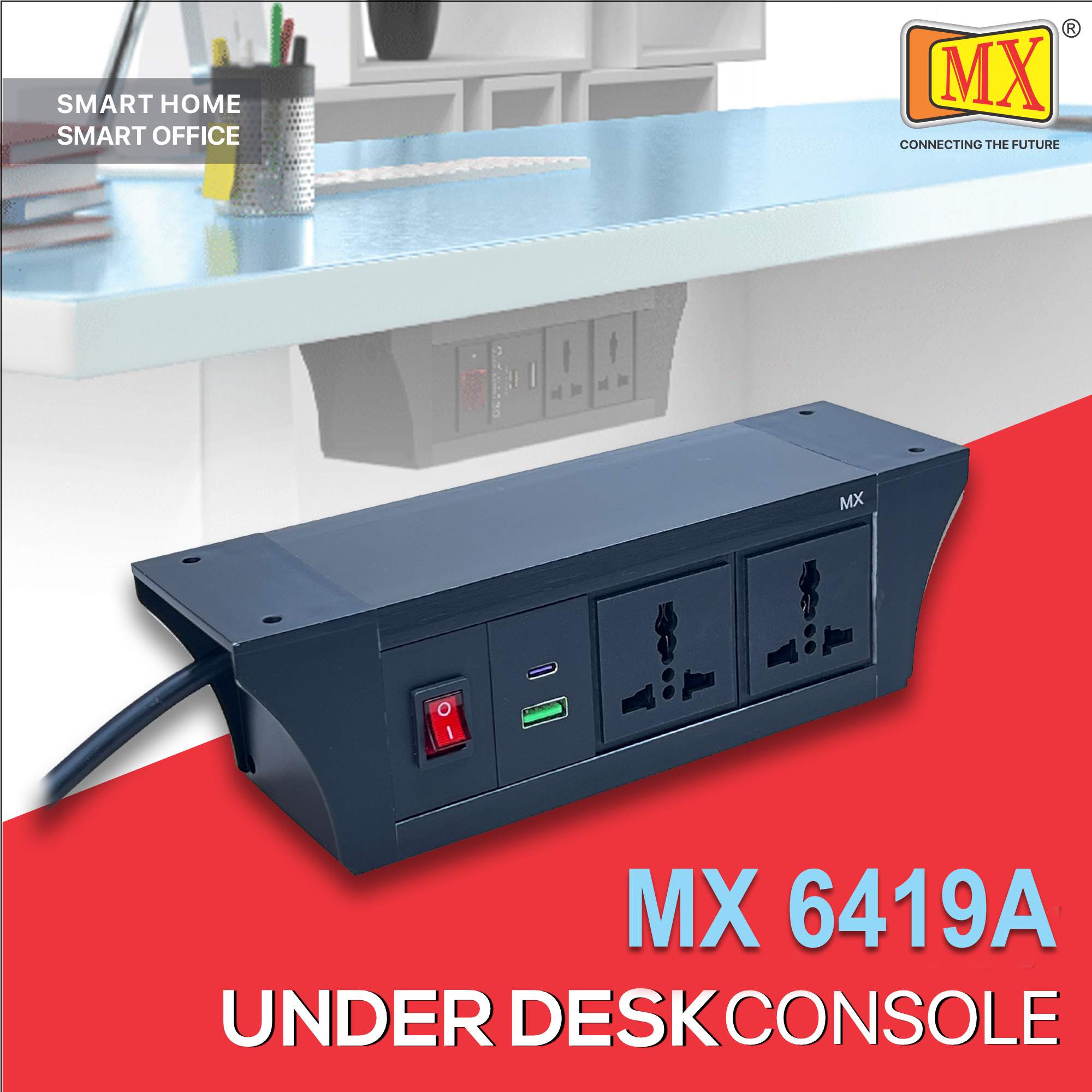 MX PDU Under table 6/13 Amps 2 Universal Socket | 2 USB (2.4 Amp) with 30W PD Charger | Dual Pole LED Indicator Switch | 6 Amps Heavy Duty Cord 3 Meter with ISI Marked, Aluminium Body Material(MX 6419A-3M Black)